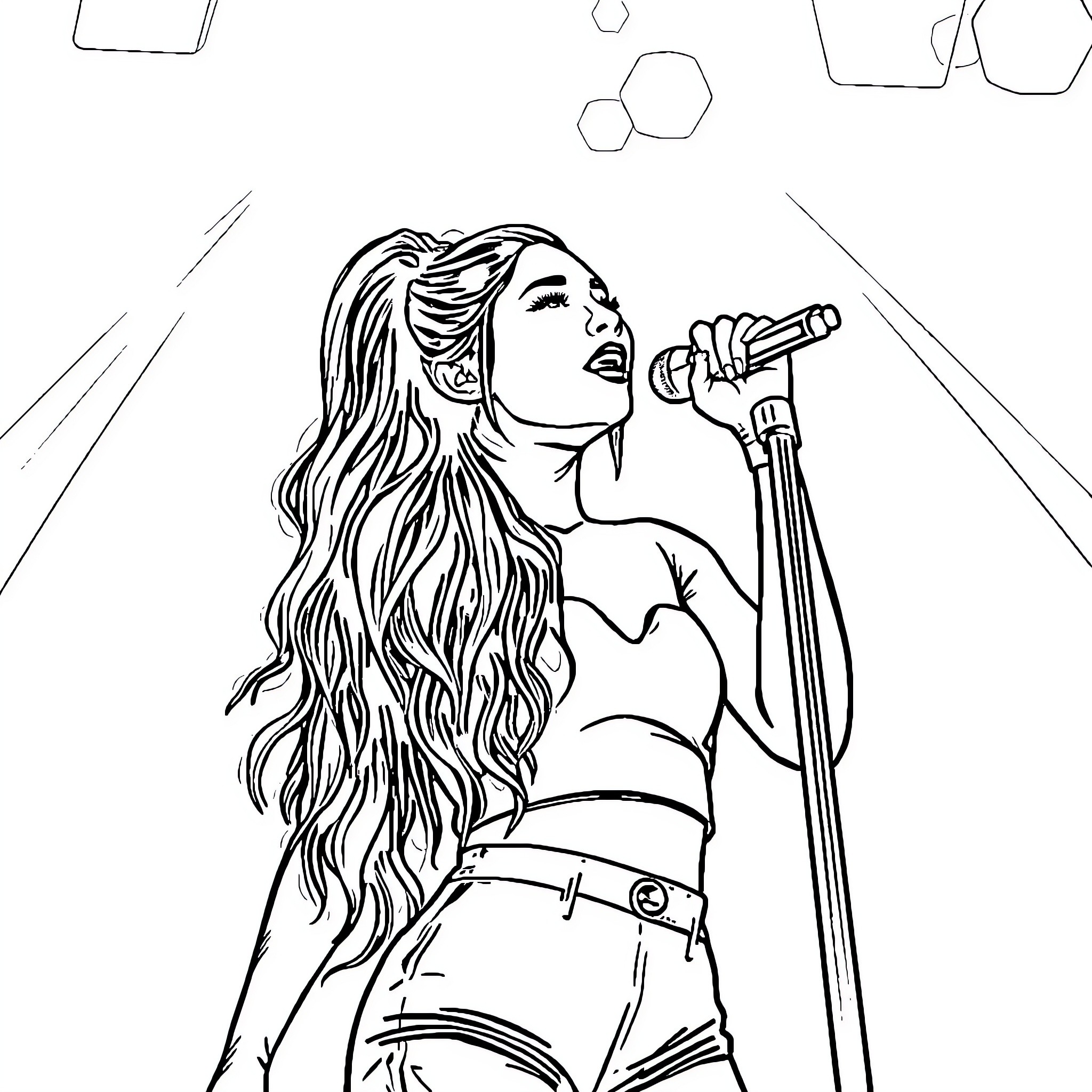 Ariana Grande performing on stage Coloring Page (free black-and-white line drawing printable PDF for all, from beginners to advanced learners, including children, teens, adults, and seniors)