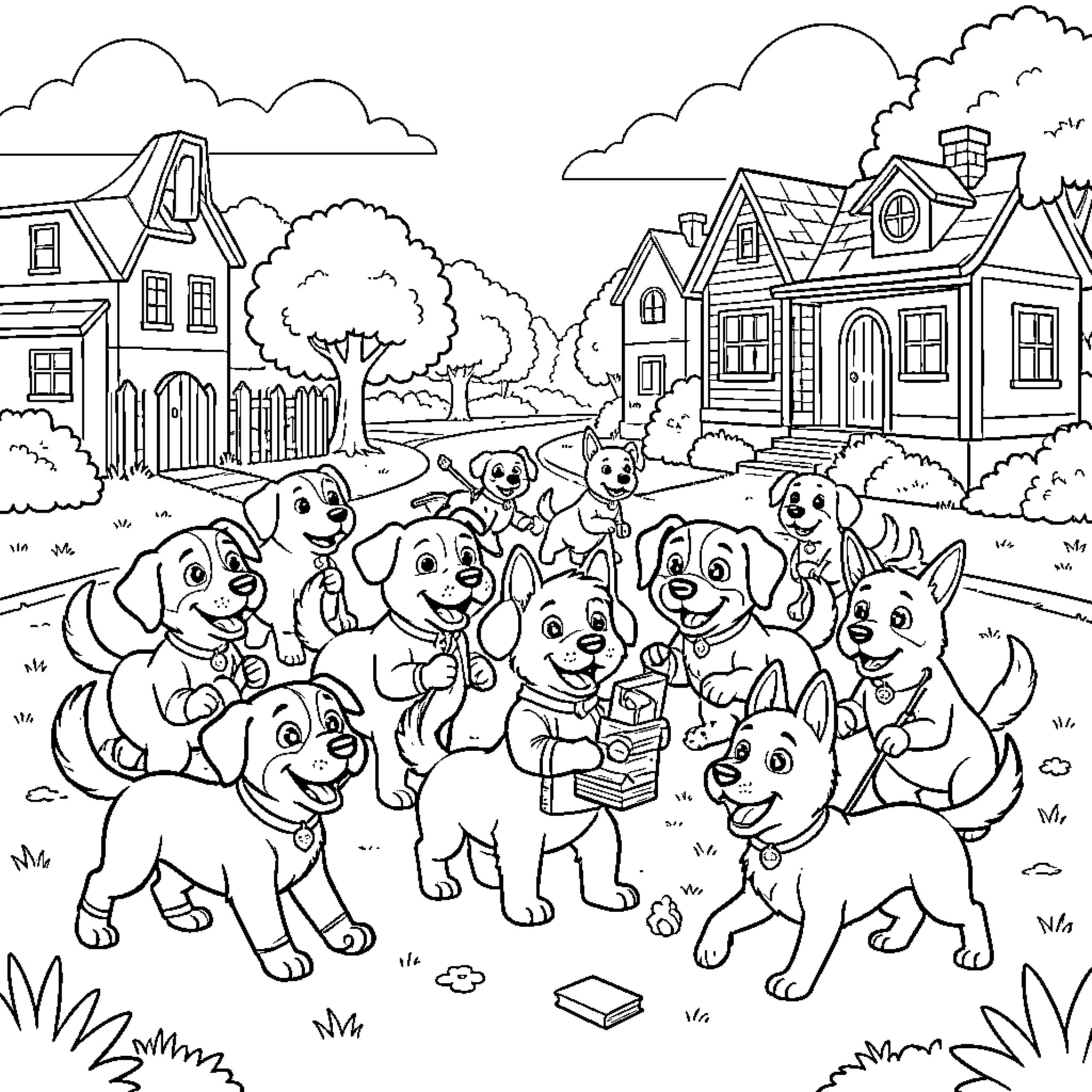 Paw Patrol pups playing together in a neighborhood Coloring Page (free black-and-white line drawing printable PDF for all, from beginners to advanced learners, including children, teens, adults, and seniors)