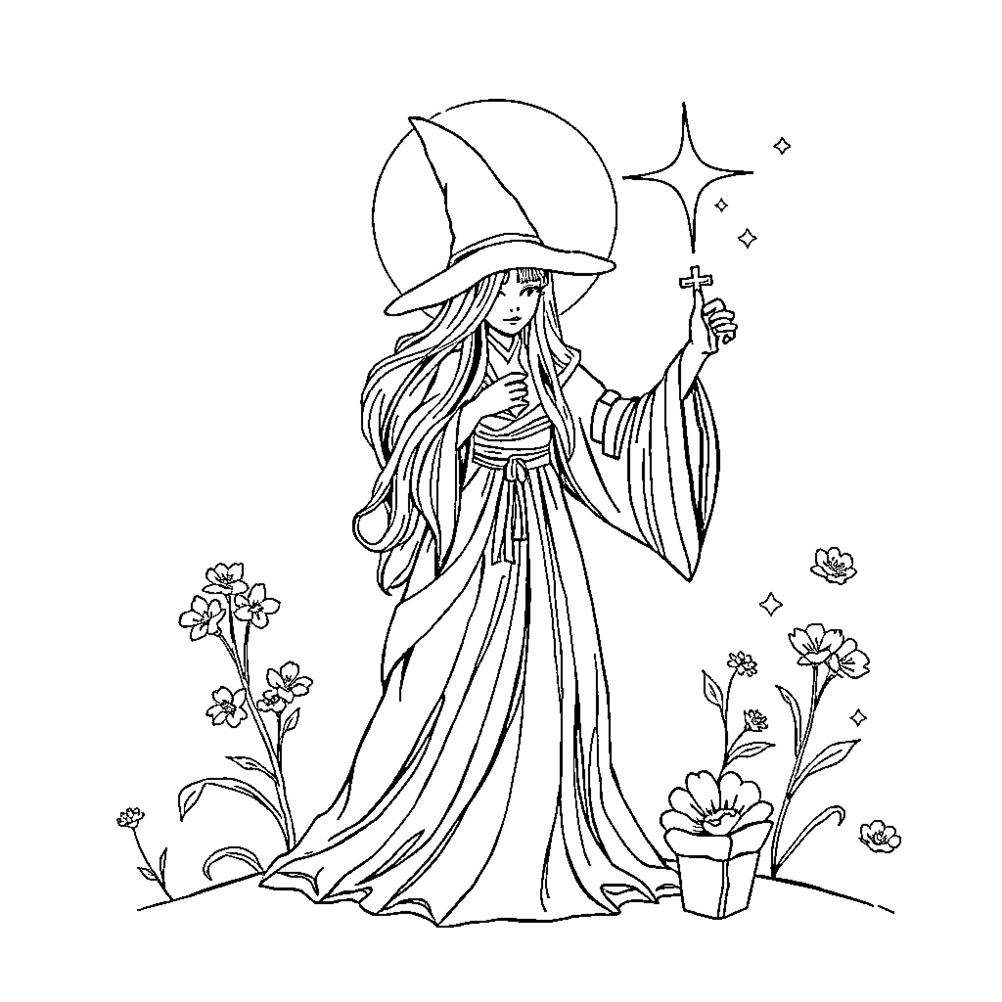 White Magic: Enchanting Sorceress with Flowing Gown Coloring Page (free black-and-white line drawing printable PDF for all, from beginners to advanced learners, including children, teens, adults, and seniors)