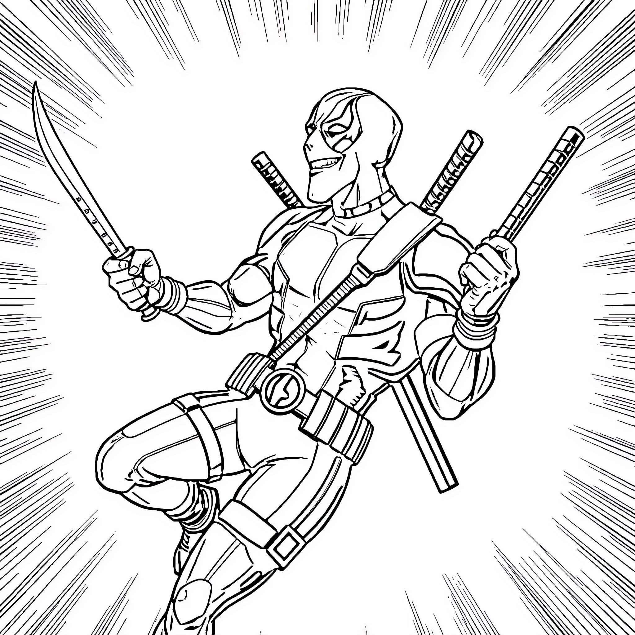 Deadpool in dynamic action pose with weapons Coloring Page (free black-and-white line drawing printable PDF for all, from beginners to advanced learners, including children, teens, adults, and seniors)