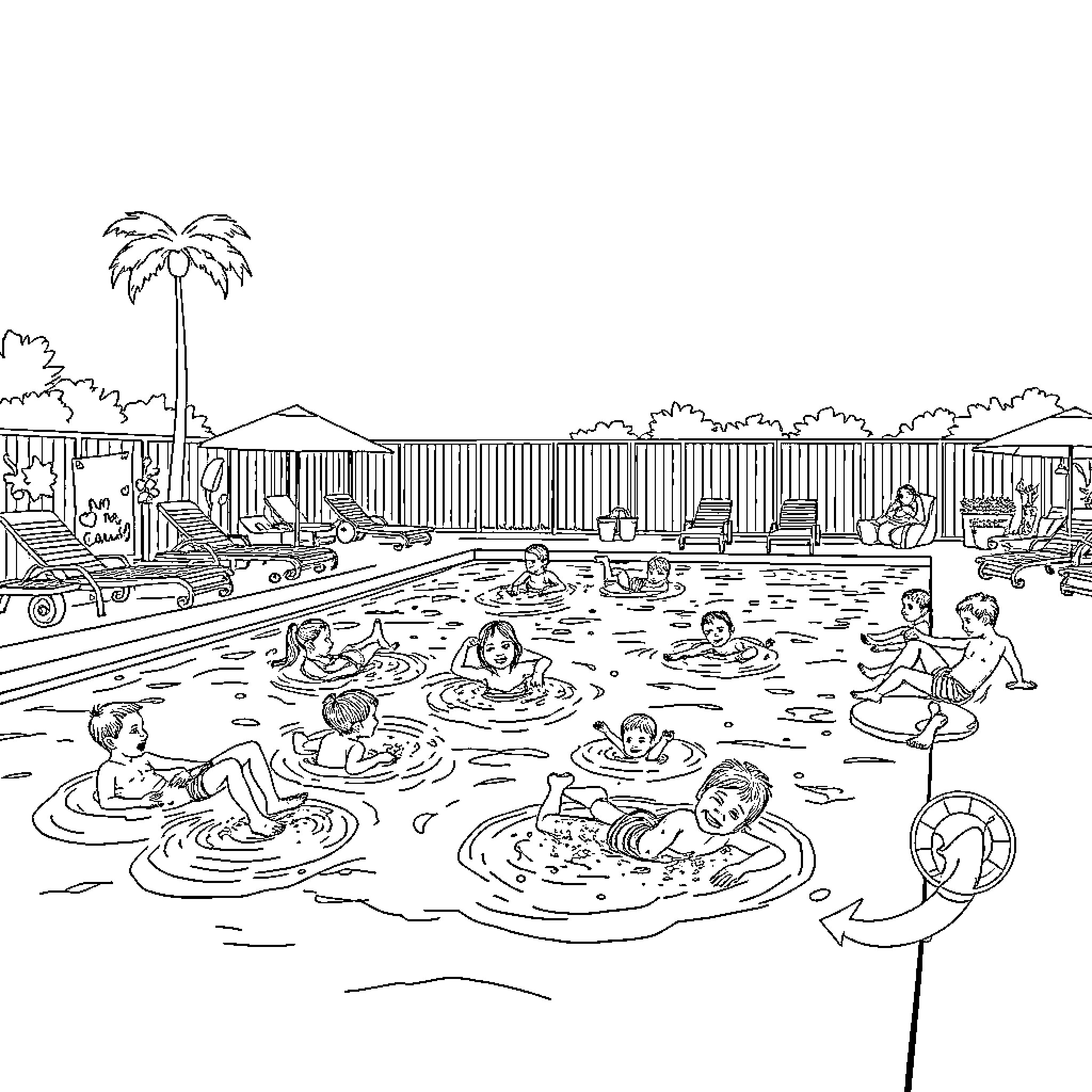 Pool Party with Swimmers and Inflatables Coloring Page (free black-and-white line drawing printable PDF for all, from beginners to advanced learners, including children, teens, adults, and seniors)