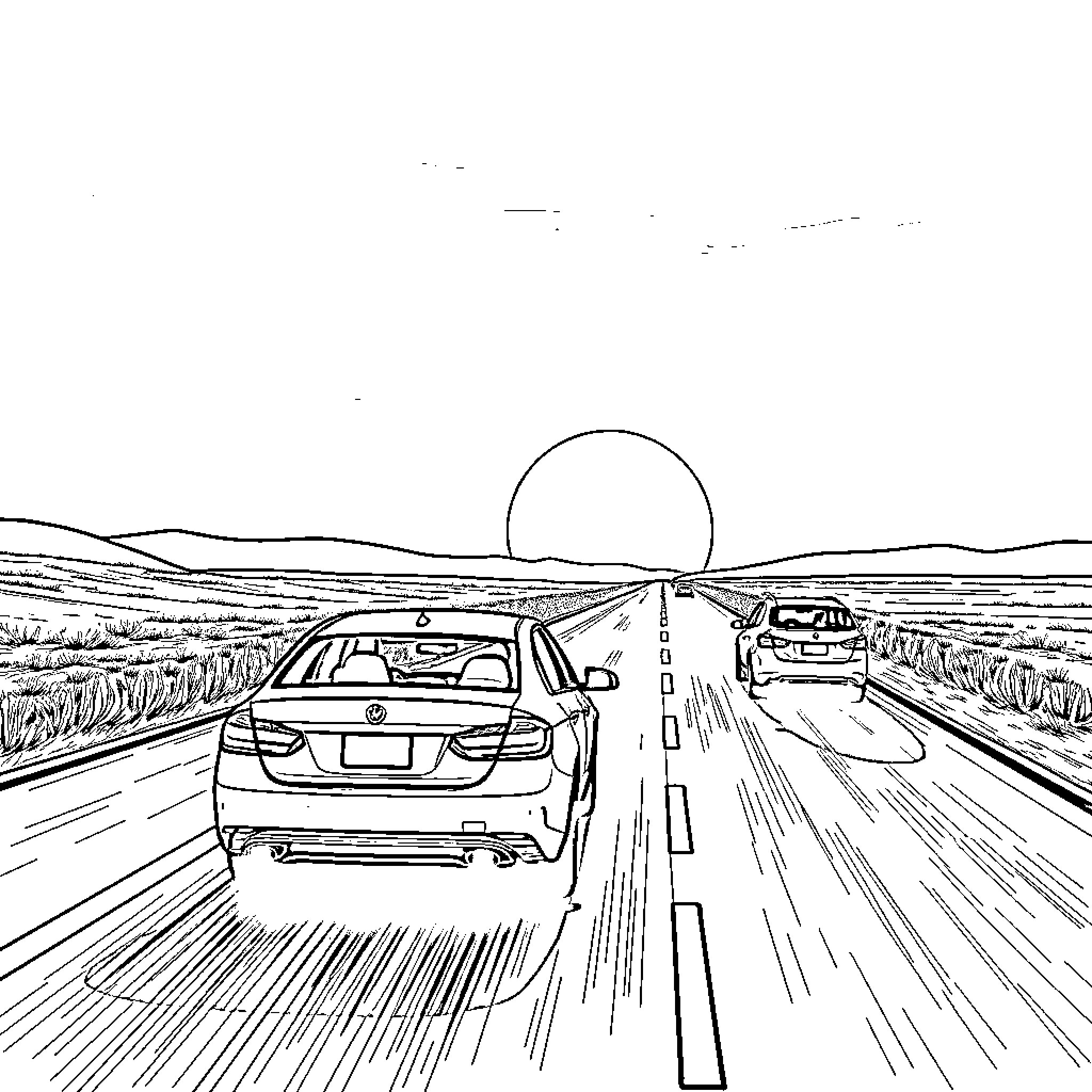 Cars traveling on an open highway at sunset Coloring Page (free black-and-white line drawing printable PDF for all, from beginners to advanced learners, including children, teens, adults, and seniors)