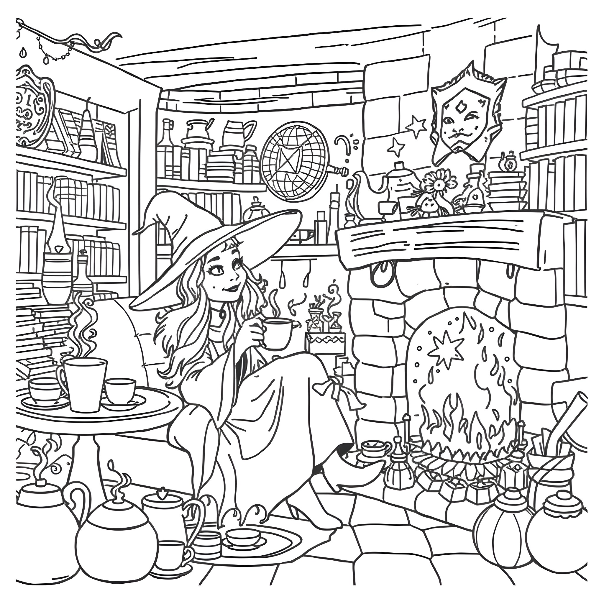 Witch brews magical potions in her cozy cottage Coloring Page (free black-and-white line drawing printable PDF for all, from beginners to advanced learners, including children, teens, adults, and seniors)