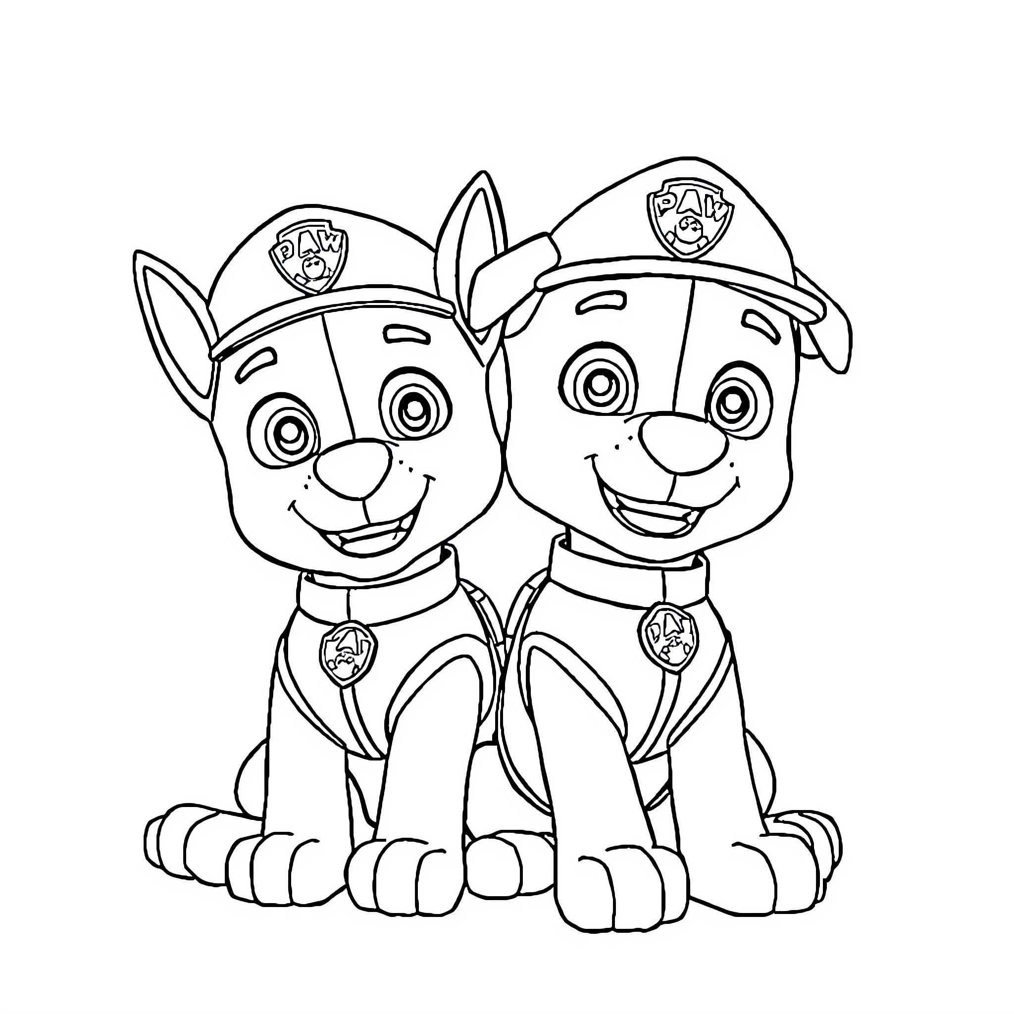 Paw Patrol characters in uniform Coloring Page (free black-and-white line drawing printable PDF for all, from beginners to advanced learners, including children, teens, adults, and seniors)