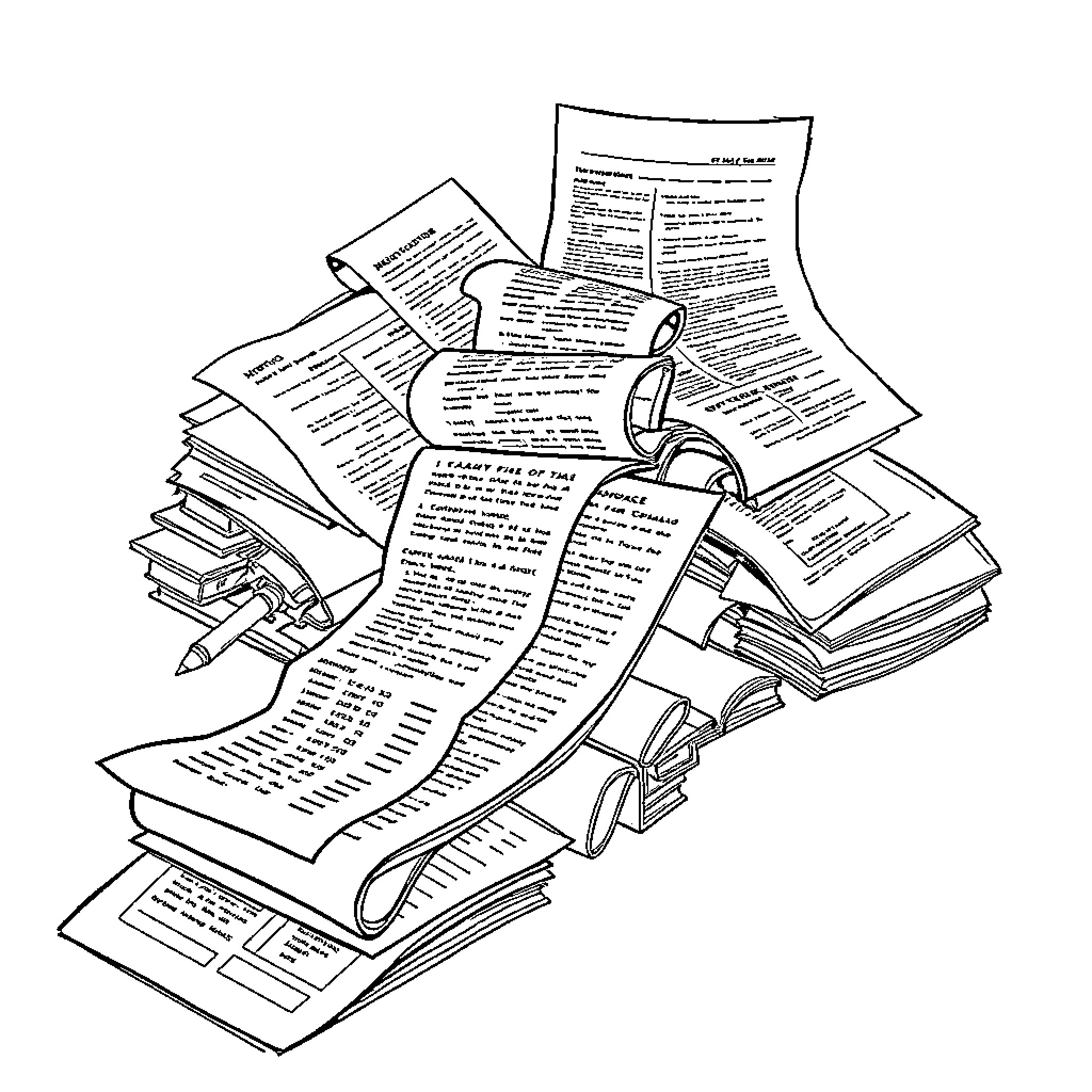 Tax documents and financial paperwork stacked in disarray Coloring Page (free black-and-white line drawing printable PDF for all, from beginners to advanced learners, including children, teens, adults, and seniors)