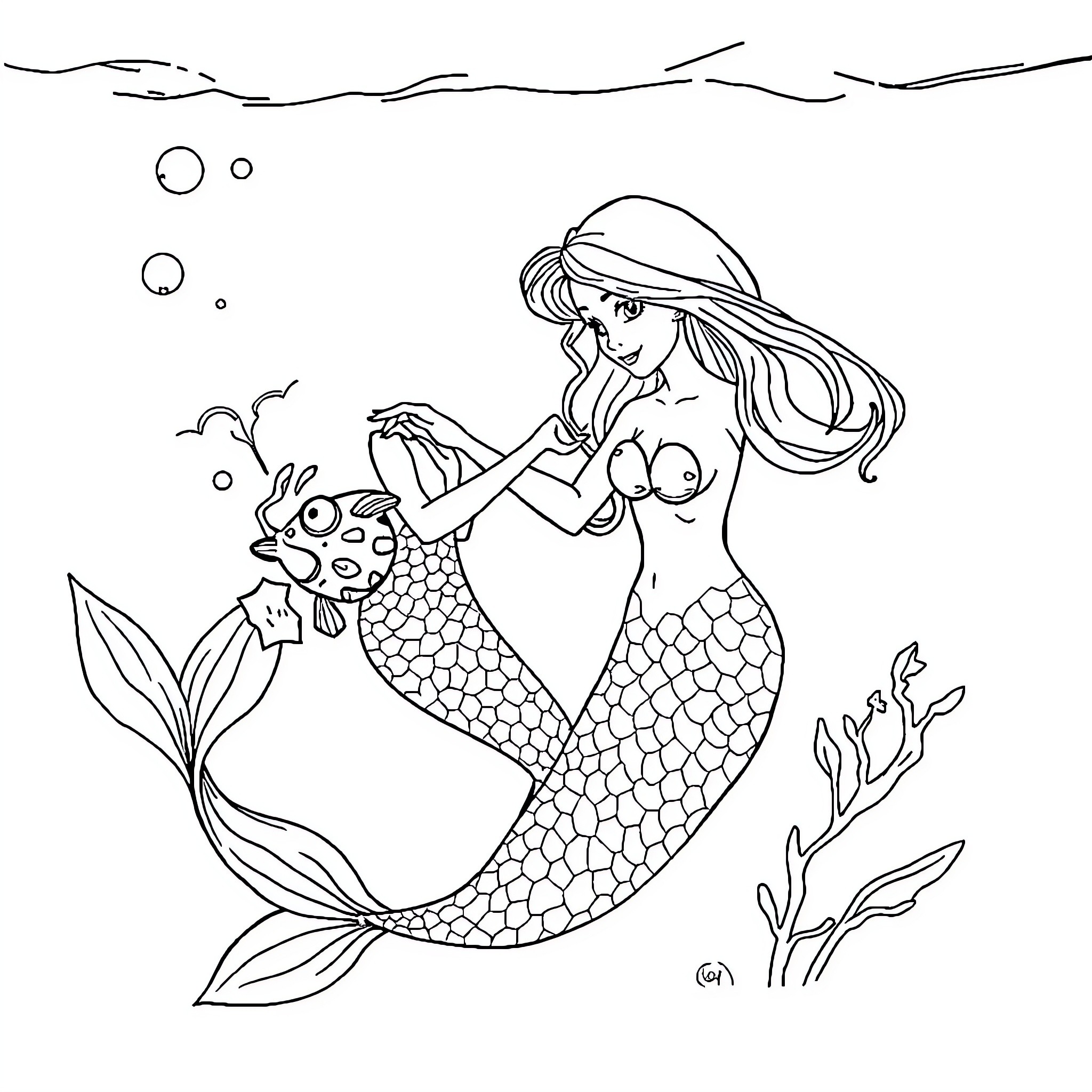 Mermaid playfully interacting with sea creature Coloring Page (free black-and-white line drawing printable PDF for all, from beginners to advanced learners, including children, teens, adults, and seniors)