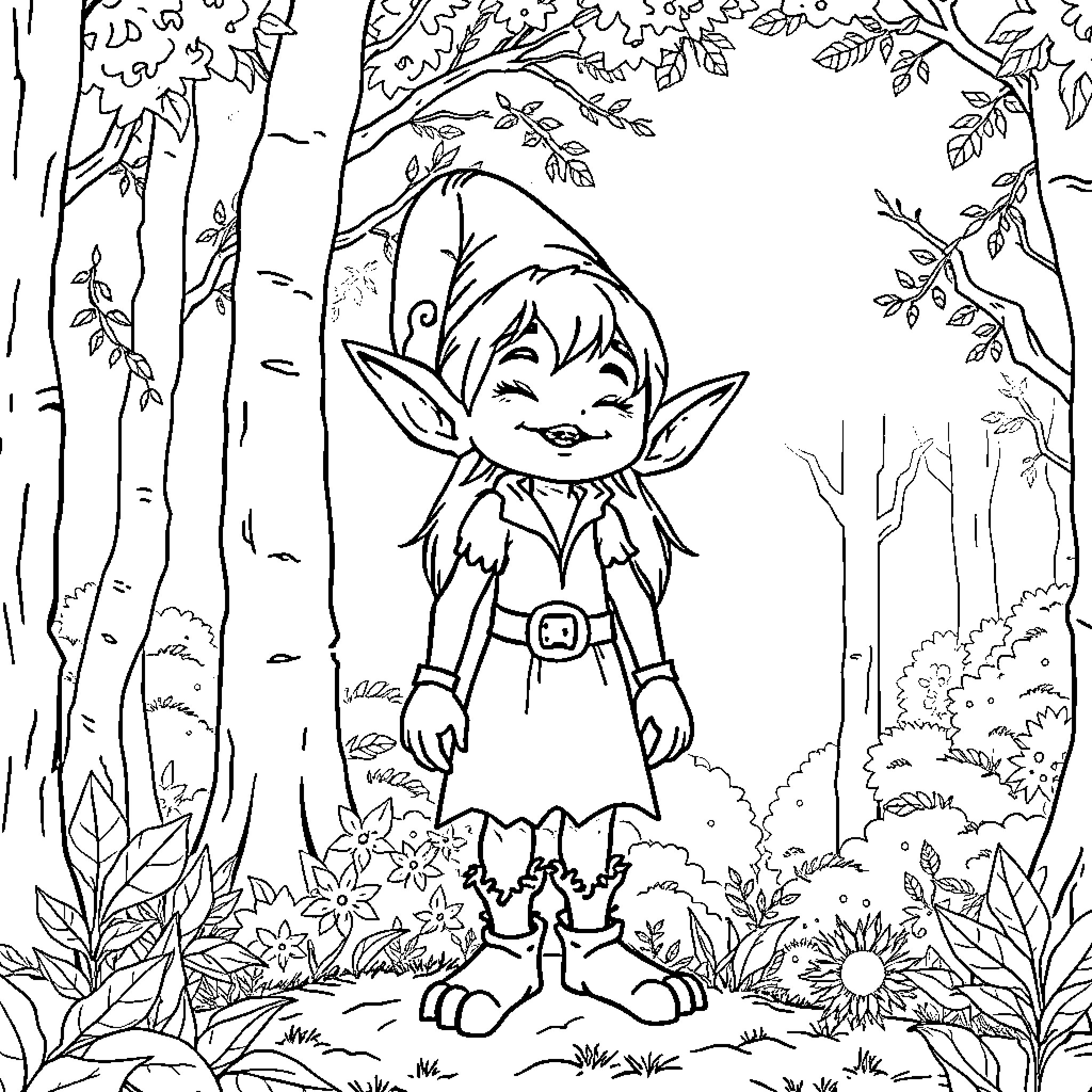 Elf exploring enchanted forest Coloring Page (free black-and-white line drawing printable PDF for all, from beginners to advanced learners, including children, teens, adults, and seniors)