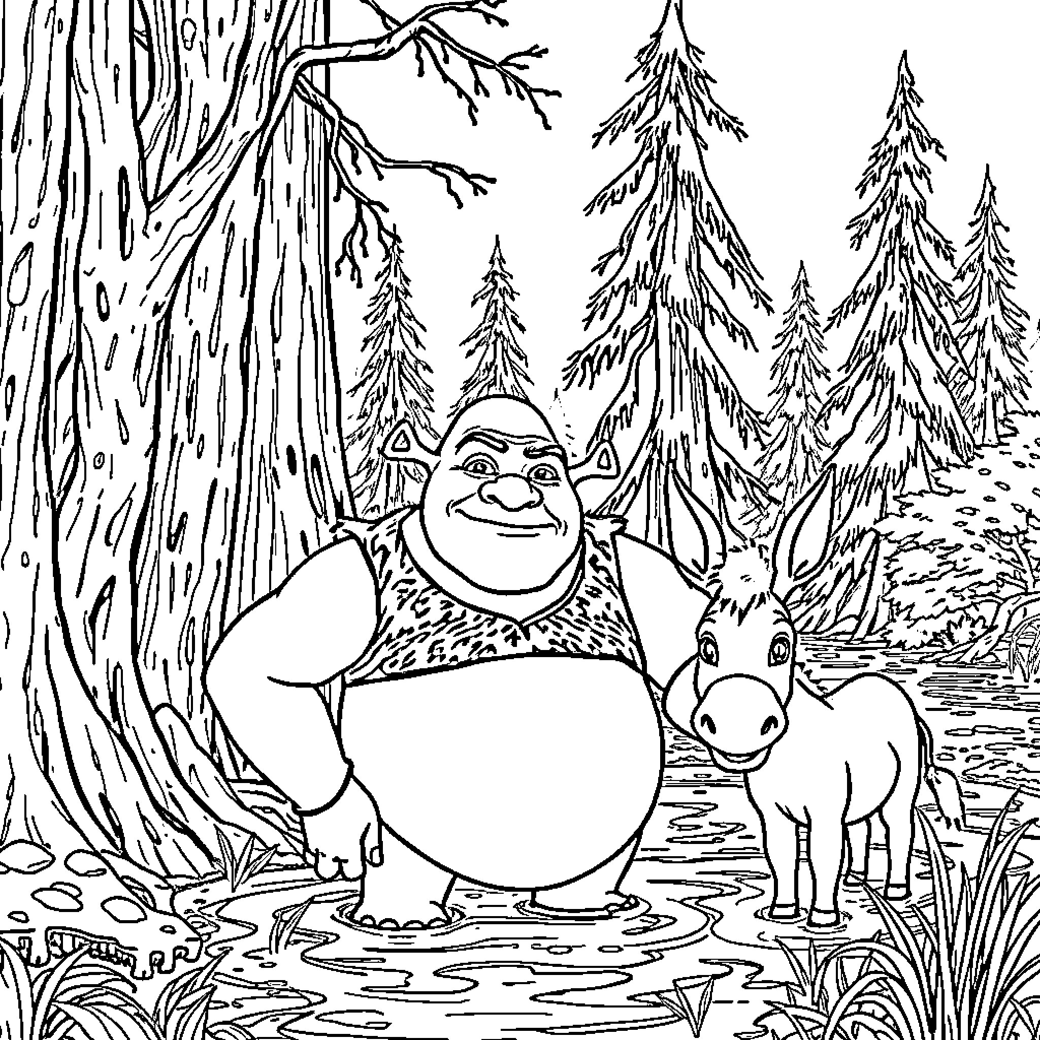 Shrek and Donkey exploring the enchanted forest Coloring Page (free black-and-white line drawing printable PDF for all, from beginners to advanced learners, including children, teens, adults, and seniors)