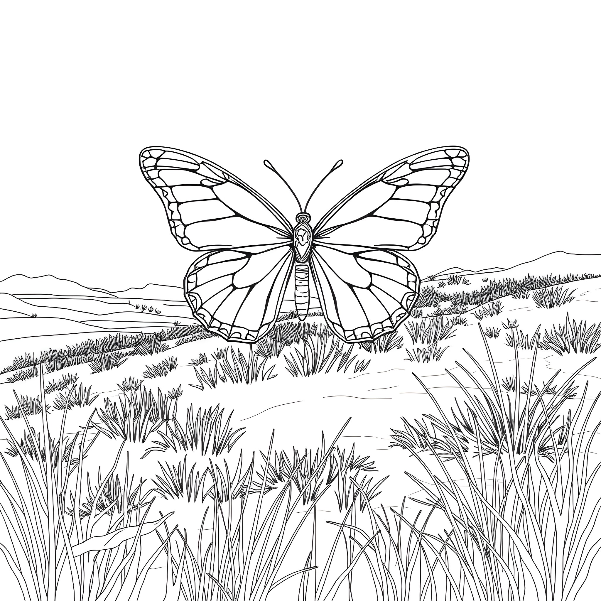 Butterfly in a lush meadow scene Coloring Page (free black-and-white line drawing printable PDF for all, from beginners to advanced learners, including children, teens, adults, and seniors)