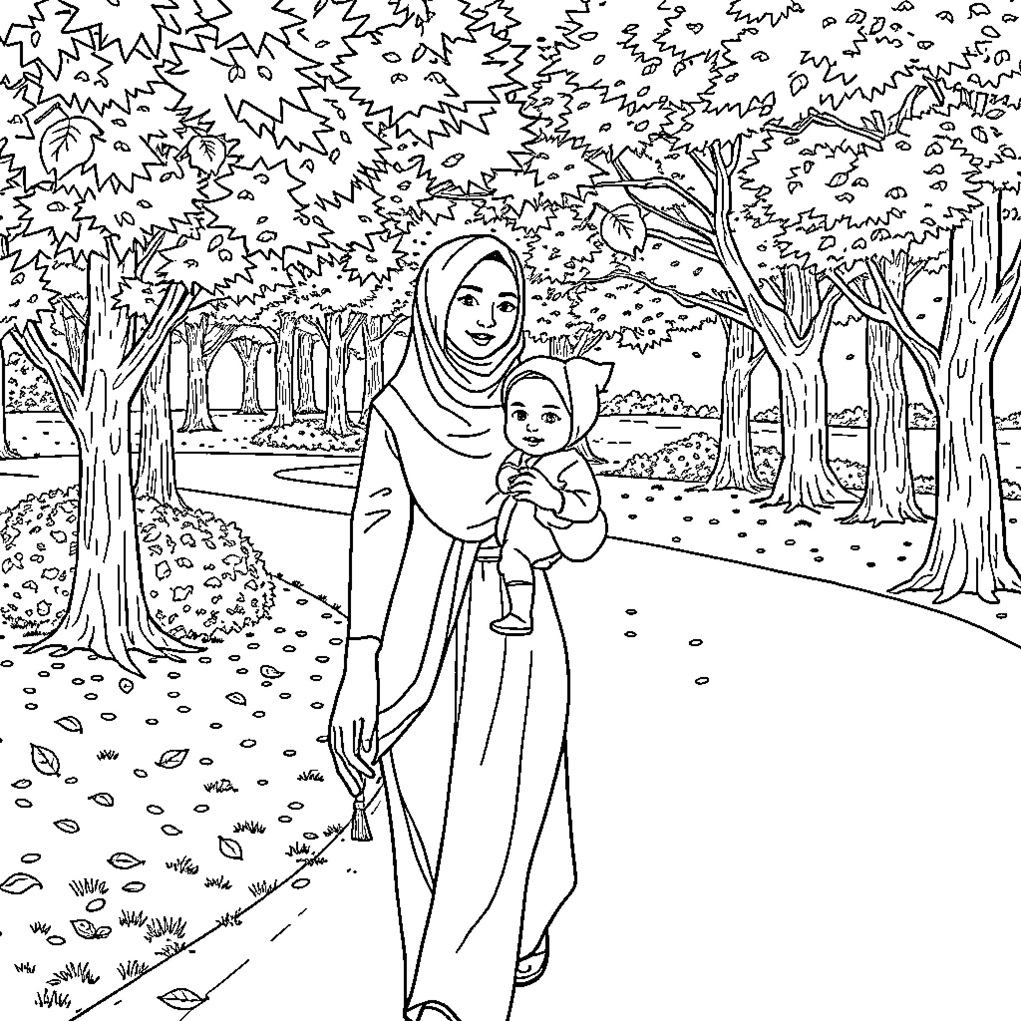 Mom and child taking a stroll in the park Coloring Page (free black-and-white line drawing printable PDF for all, from beginners to advanced learners, including children, teens, adults, and seniors)