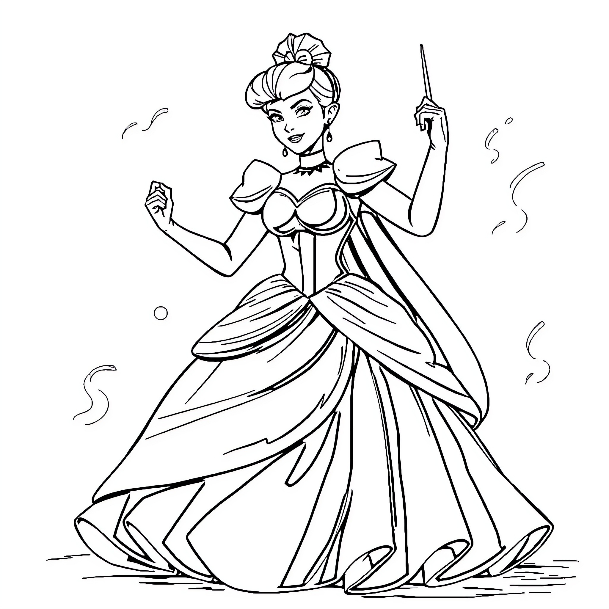 Cinderella in her elegant ball gown and tiara Coloring Page (free black-and-white line drawing printable PDF for all, from beginners to advanced learners, including children, teens, adults, and seniors)