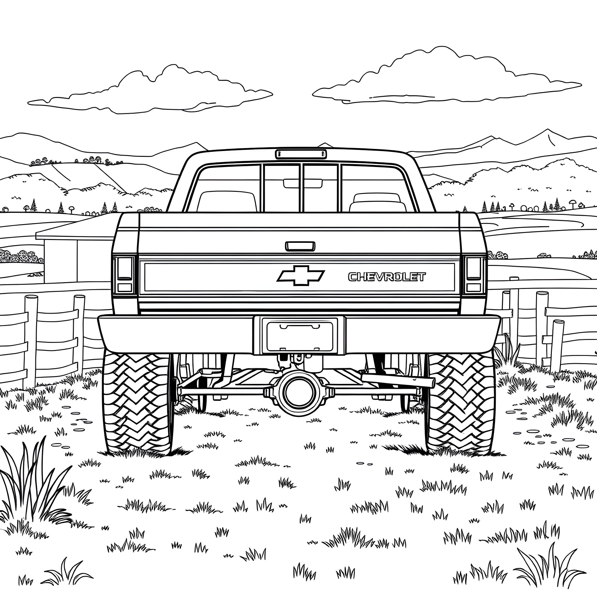 Chevy Truck Traversing Rugged Terrain Coloring Page (free black-and-white line drawing printable PDF for all, from beginners to advanced learners, including children, teens, adults, and seniors)