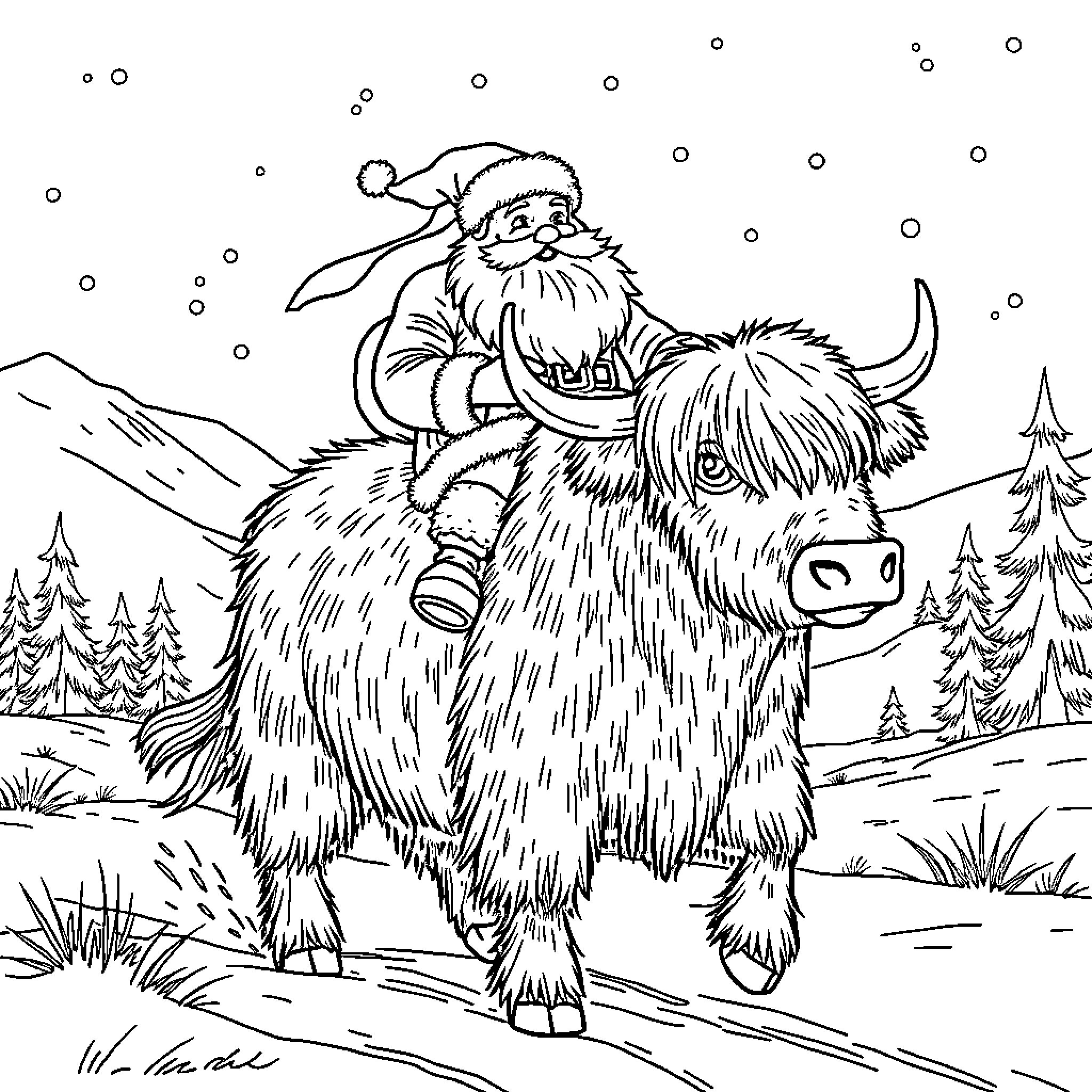 Santa Claus riding on a furry highland beast in the snow Coloring Page (free black-and-white line drawing printable PDF for all, from beginners to advanced learners, including children, teens, adults, and seniors)