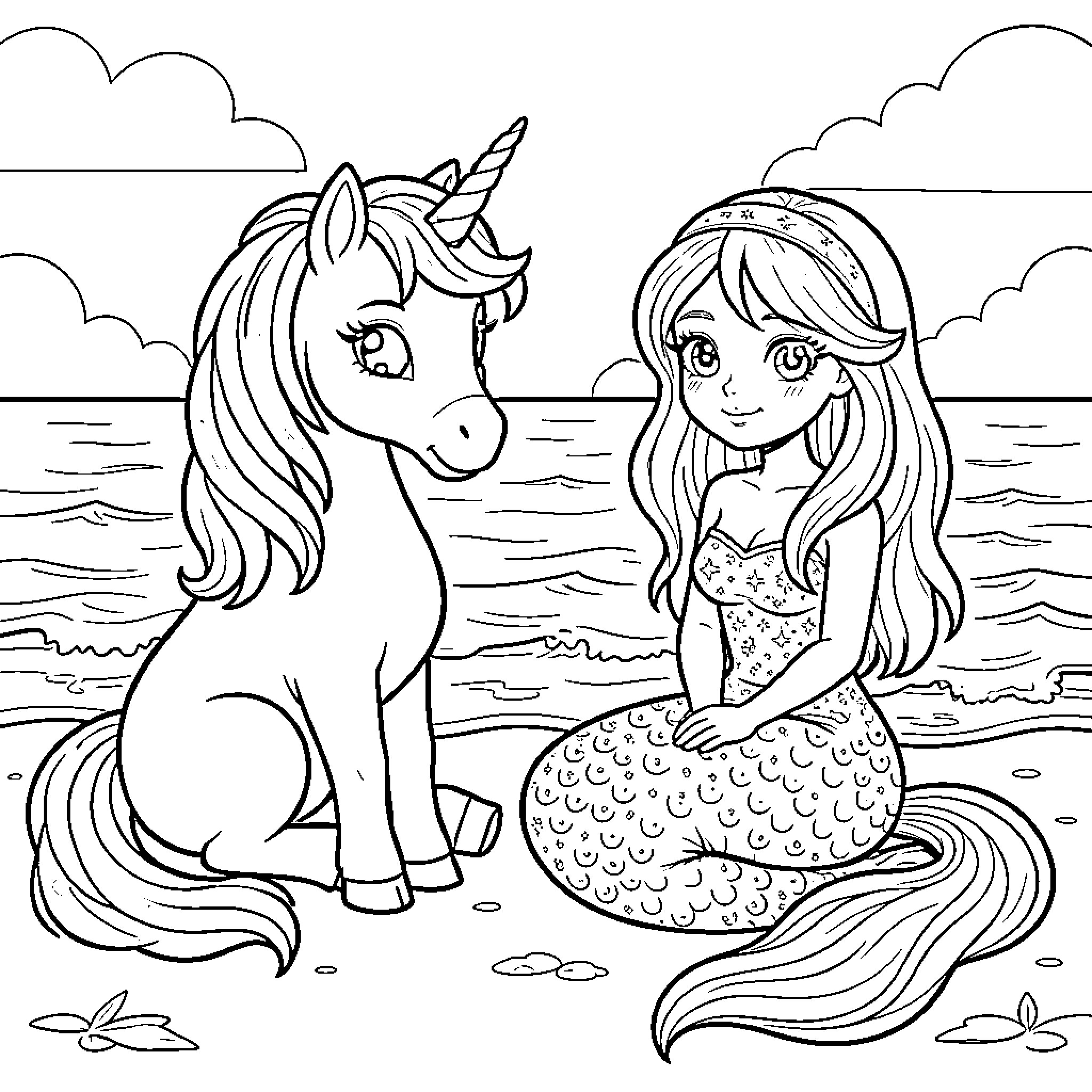 Unicorn and Mermaid by the Seashore Coloring Page (free black-and-white line drawing printable PDF for all, from beginners to advanced learners, including children, teens, adults, and seniors)