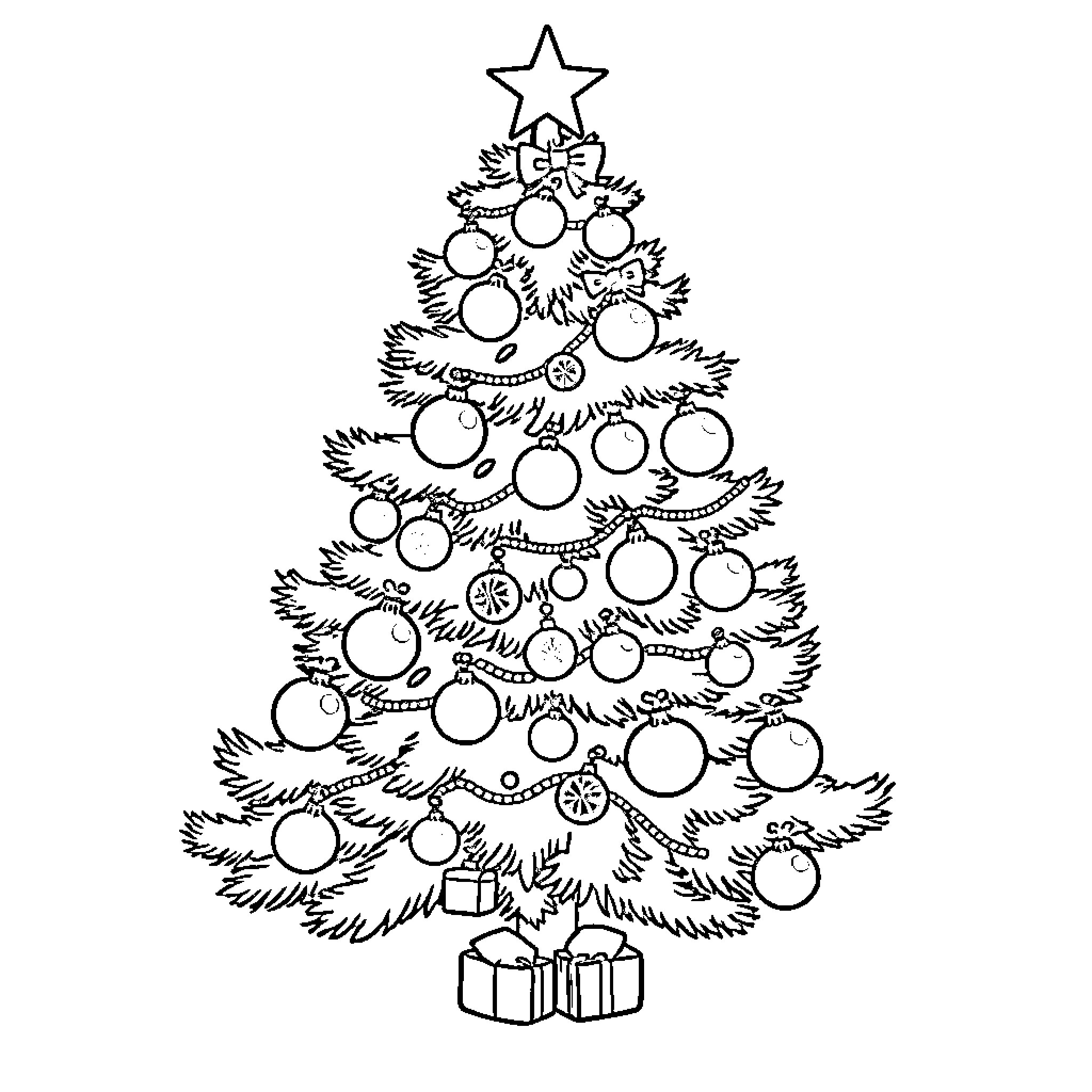 Christmas Tree decorated with ornaments Coloring Page (free black-and-white line drawing printable PDF for all, from beginners to advanced learners, including children, teens, adults, and seniors)