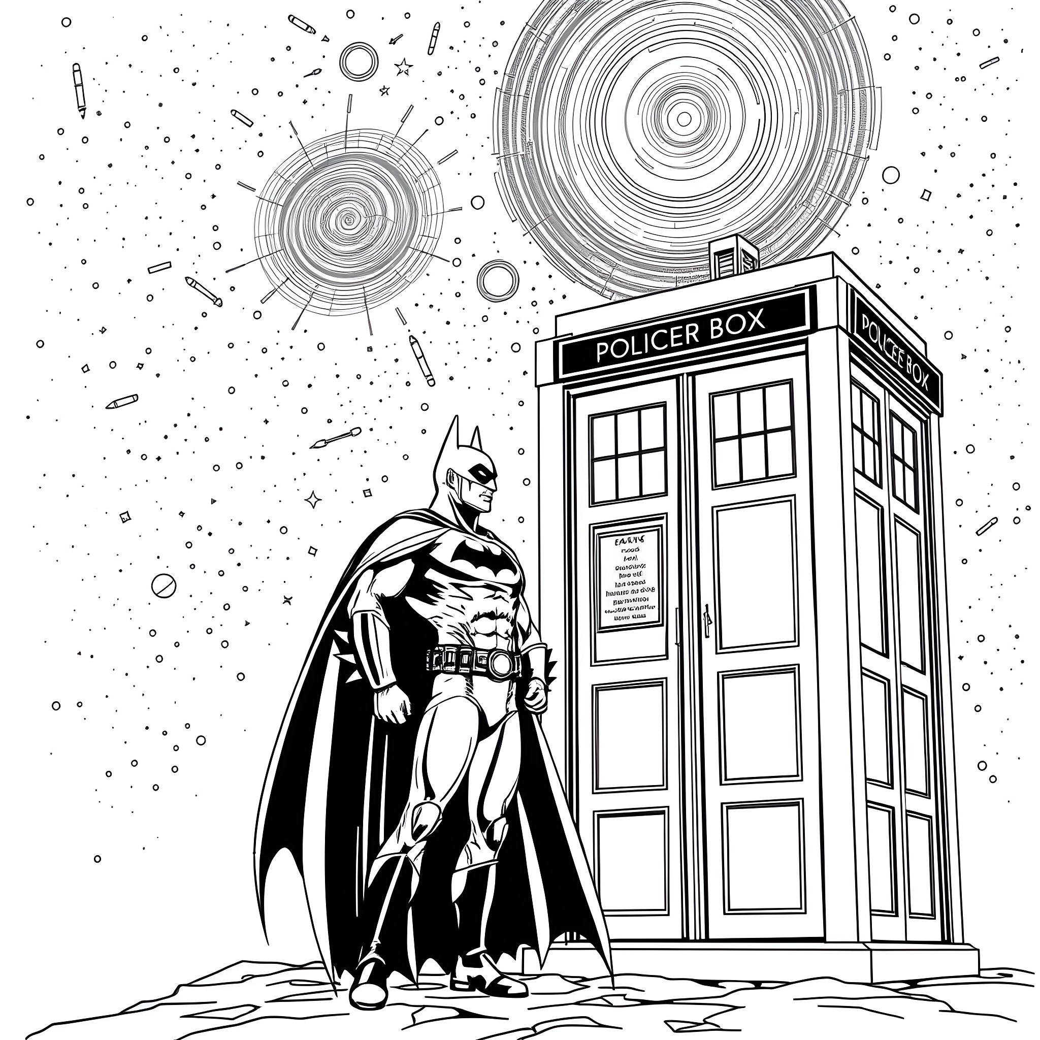Batman stands before the Policer Box in the starry night Coloring Page (free black-and-white line drawing printable PDF for all, from beginners to advanced learners, including children, teens, adults, and seniors)