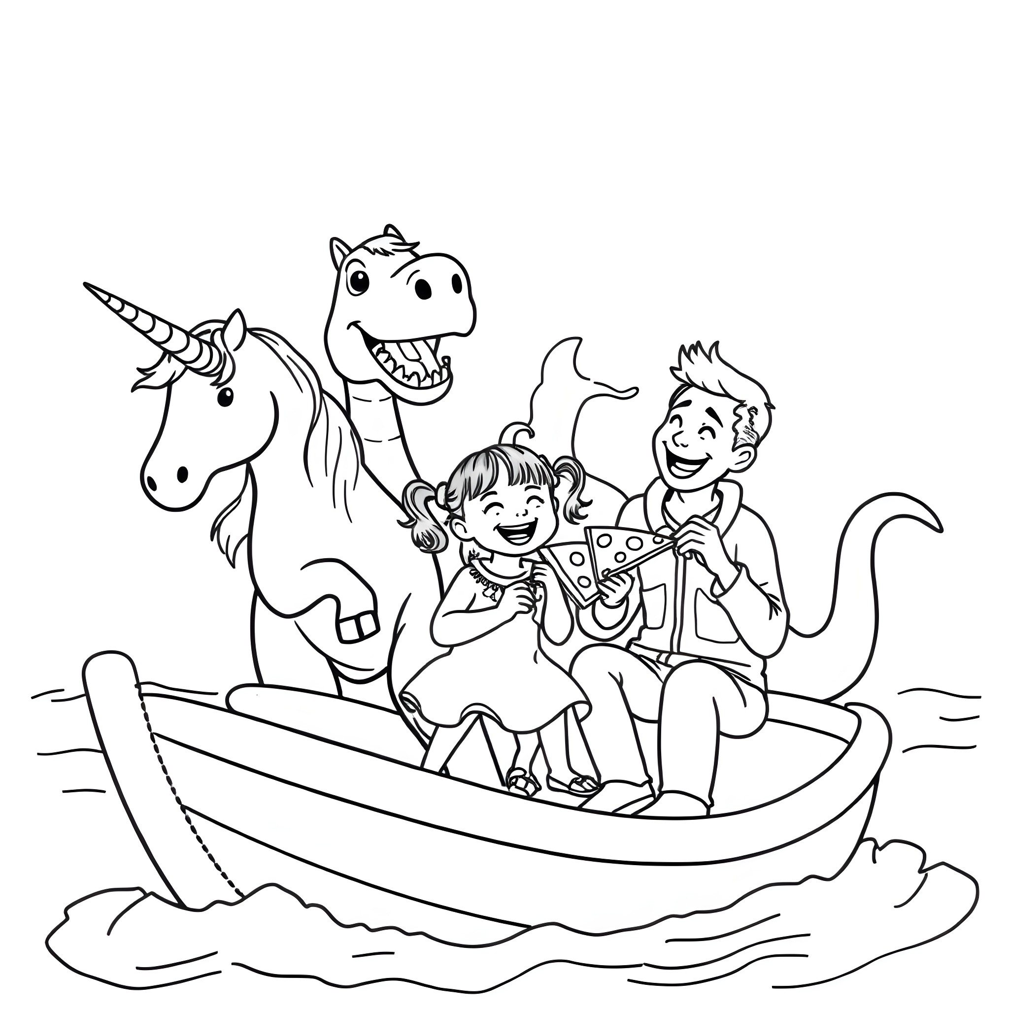 Unicorn and children riding on a boat Coloring Page (free black-and-white line drawing printable PDF for all, from beginners to advanced learners, including children, teens, adults, and seniors)