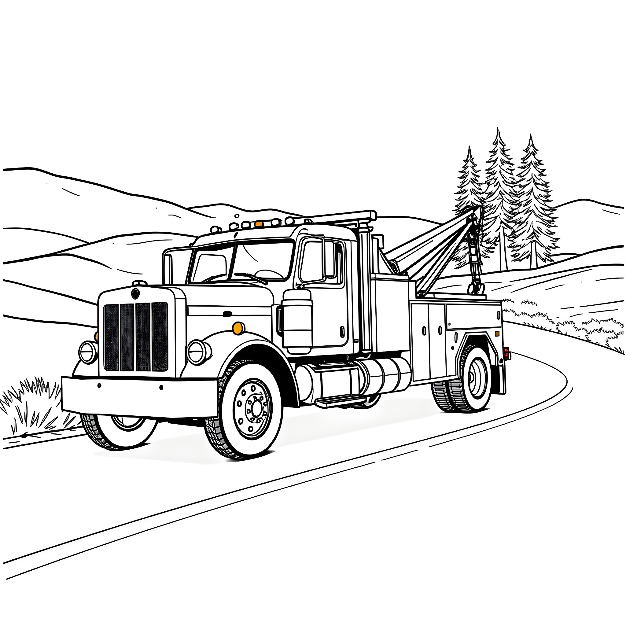 Tow Truck Transporting Vehicle on Winding Mountain Road Coloring Page (free black-and-white line drawing printable PDF for all, from beginners to advanced learners, including children, teens, adults, and seniors)