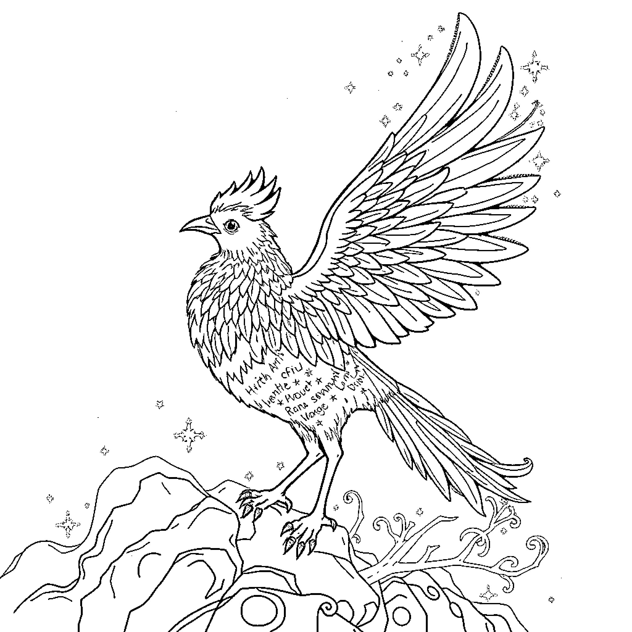 Firebird soaring among the stars Coloring Page (free black-and-white line drawing printable PDF for all, from beginners to advanced learners, including children, teens, adults, and seniors)