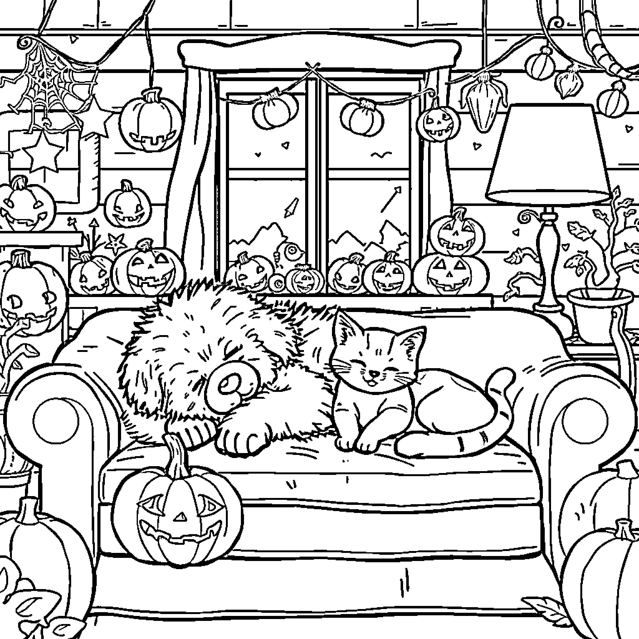 Dog and cat relaxing on Halloween-themed sofa Coloring Page (free black-and-white line drawing printable PDF for all, from beginners to advanced learners, including children, teens, adults, and seniors)