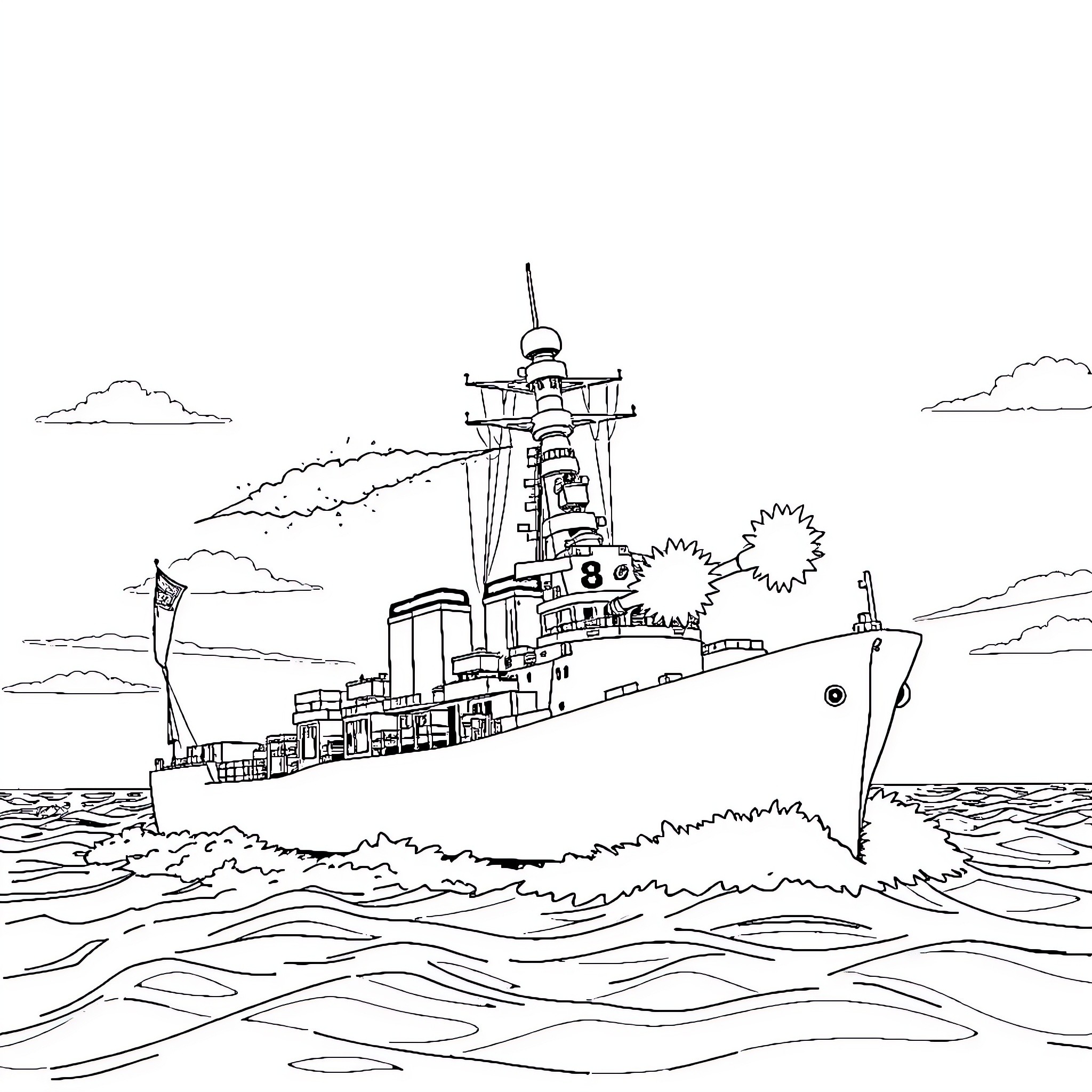 Ship sailing amidst waves and clouds Coloring Page (free black-and-white line drawing printable PDF for all, from beginners to advanced learners, including children, teens, adults, and seniors)