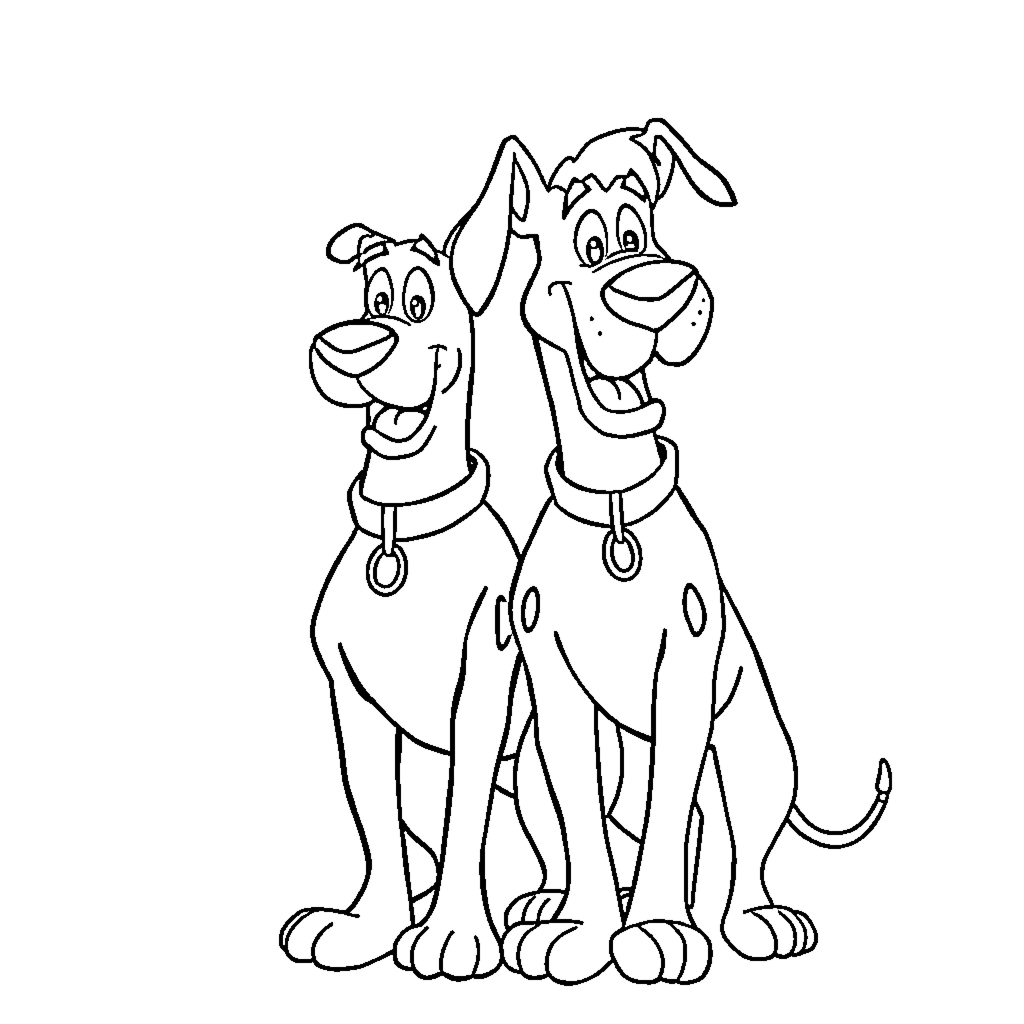 Scooby Doo and Scooby Doo standing together Coloring Page (free black-and-white line drawing printable PDF for all, from beginners to advanced learners, including children, teens, adults, and seniors)