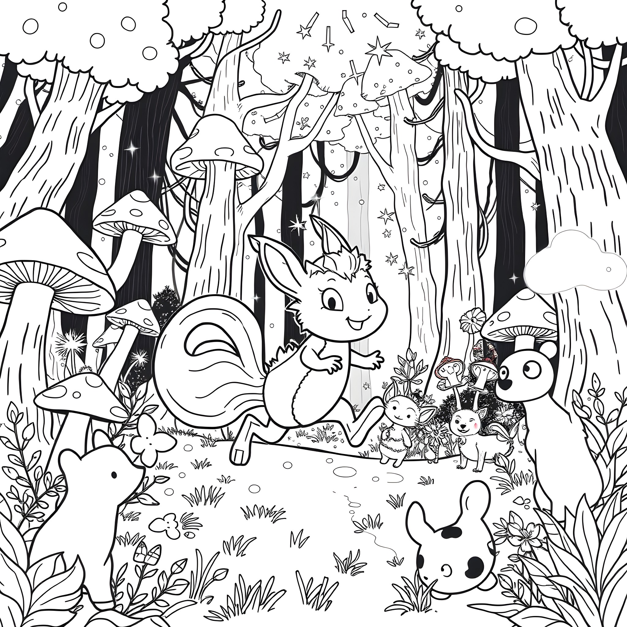 Sprunki's Whimsical Forest Adventure Coloring Page (free black-and-white line drawing printable PDF for all, from beginners to advanced learners, including children, teens, adults, and seniors)