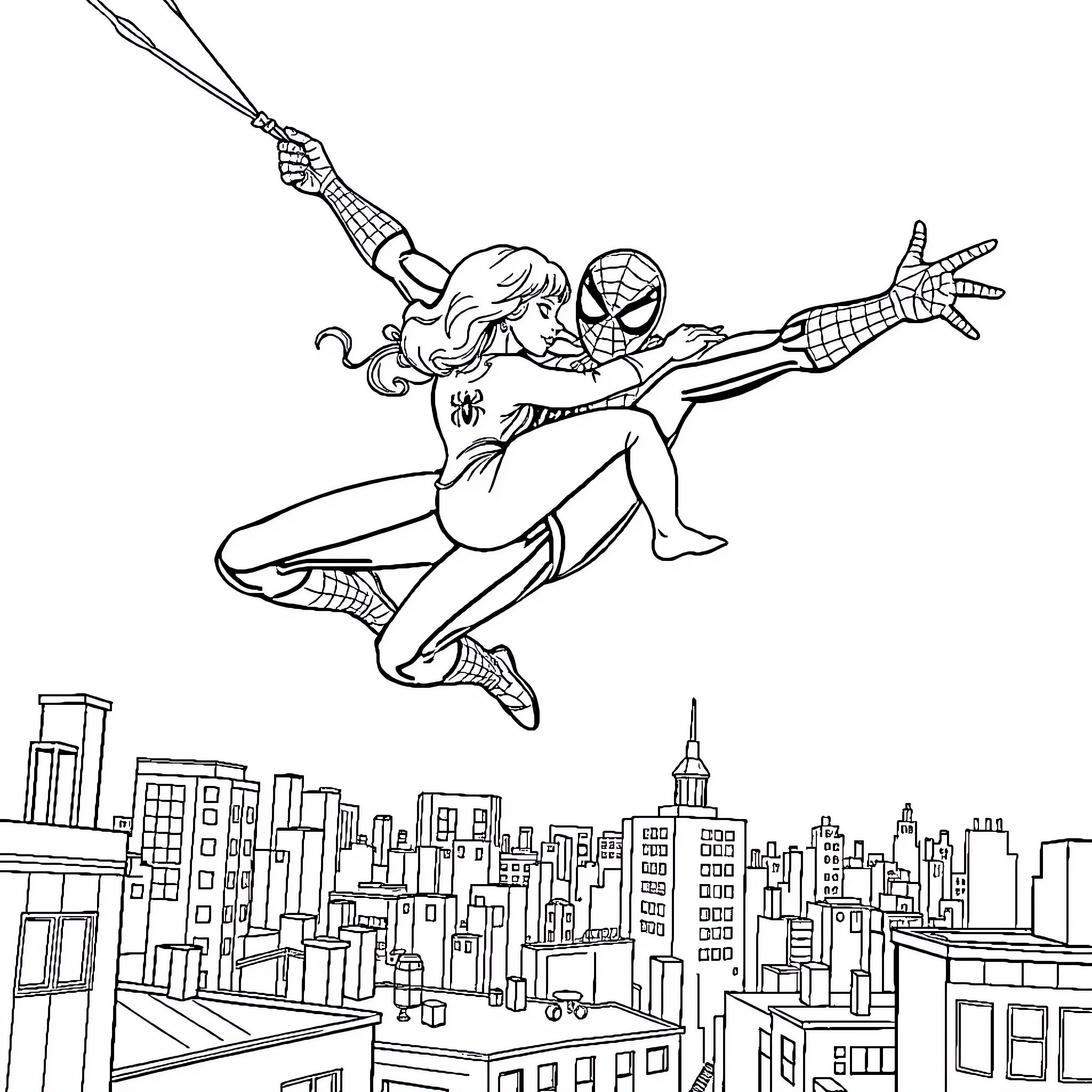 Spiderman swinging heroically through the city Coloring Page (free black-and-white line drawing printable PDF for all, from beginners to advanced learners, including children, teens, adults, and seniors)