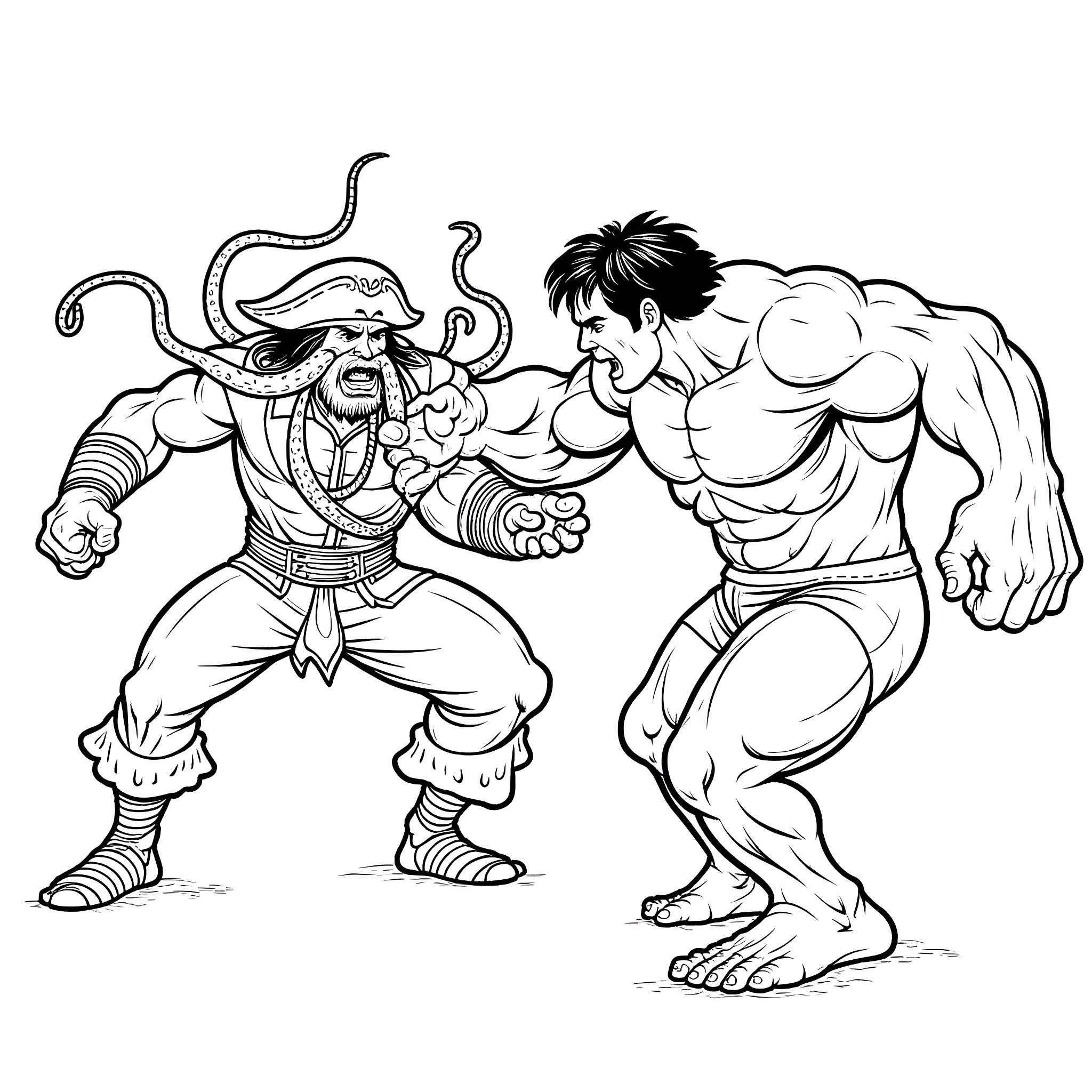 Davy Jones battling a muscular warrior Coloring Page (free black-and-white line drawing printable PDF for all, from beginners to advanced learners, including children, teens, adults, and seniors)