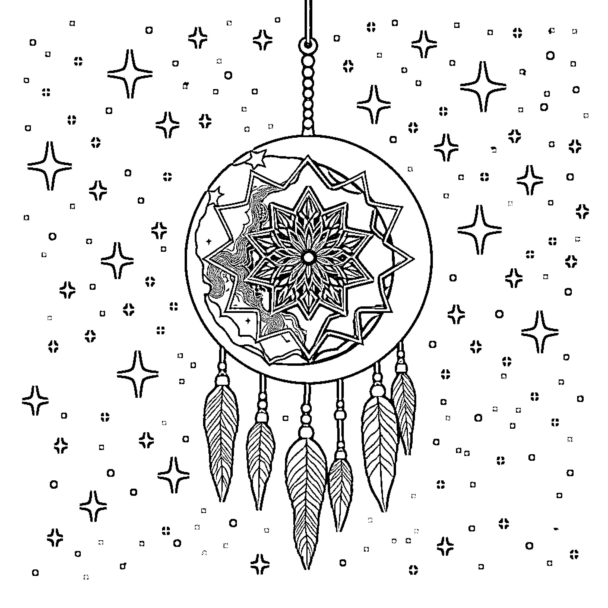 Moon Dreamcatcher surrounded by stars Coloring Page (free black-and-white line drawing printable PDF for all, from beginners to advanced learners, including children, teens, adults, and seniors)