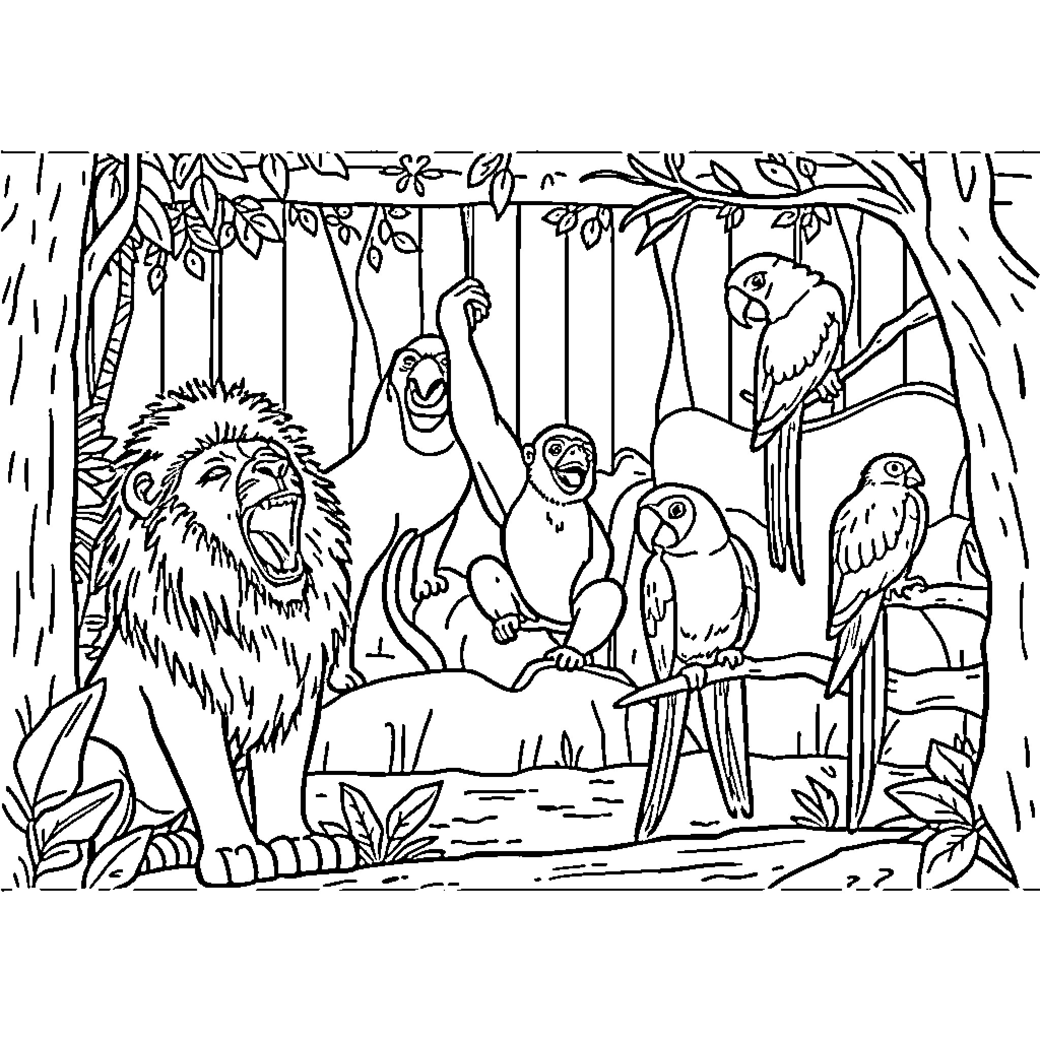 Animal friends in the rainforest Coloring Page (free black-and-white line drawing printable PDF for all, from beginners to advanced learners, including children, teens, adults, and seniors)