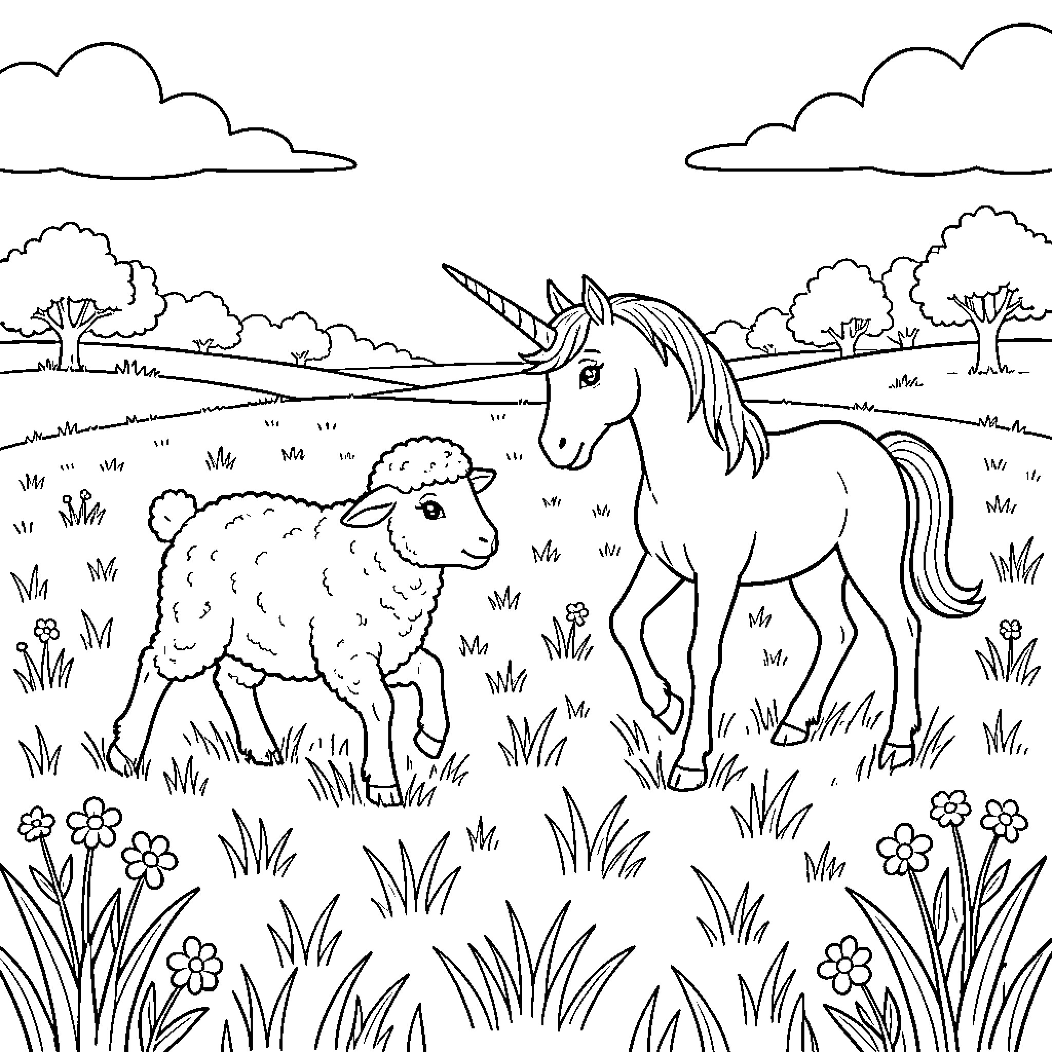 Bébé Mouton and unicorn walking in a meadow Coloring Page (free black-and-white line drawing printable PDF for all, from beginners to advanced learners, including children, teens, adults, and seniors)
