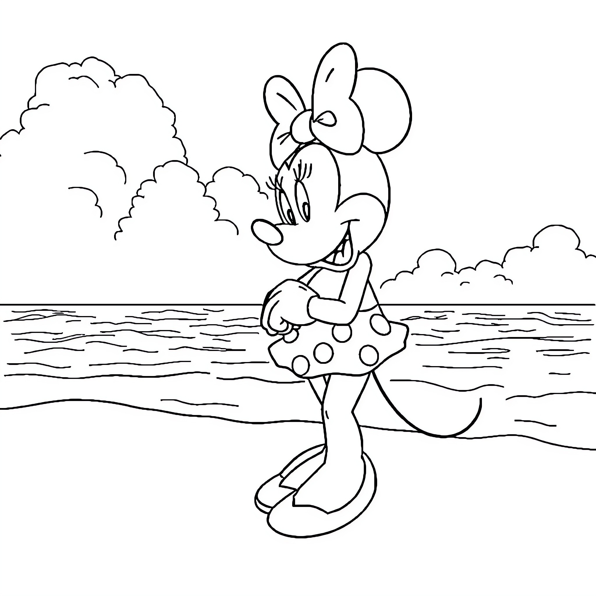Minnie enjoying a stroll on the beach Coloring Page (free black-and-white line drawing printable PDF for all, from beginners to advanced learners, including children, teens, adults, and seniors)