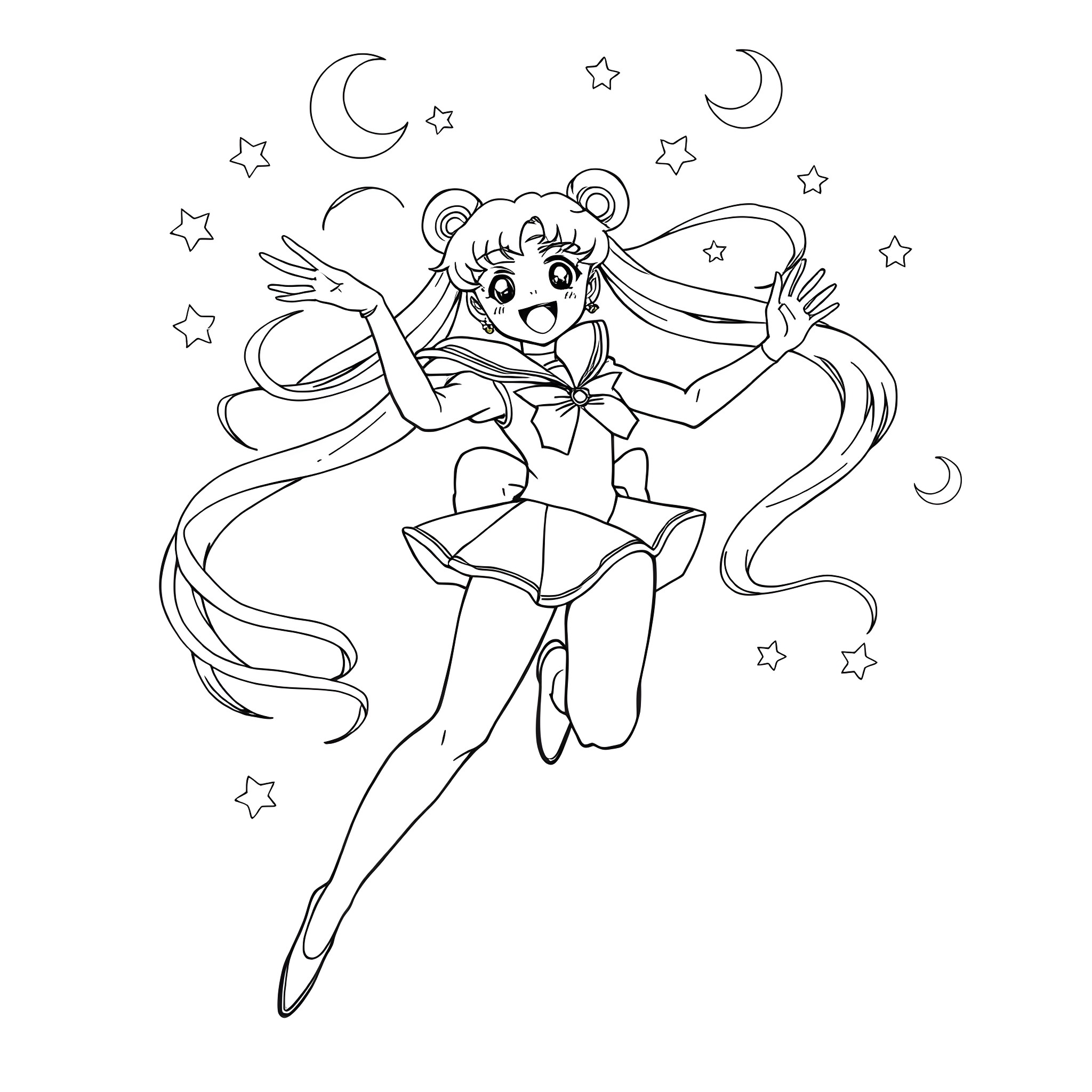 Sailormoon dancing among the stars Coloring Page (free black-and-white line drawing printable PDF for all, from beginners to advanced learners, including children, teens, adults, and seniors)
