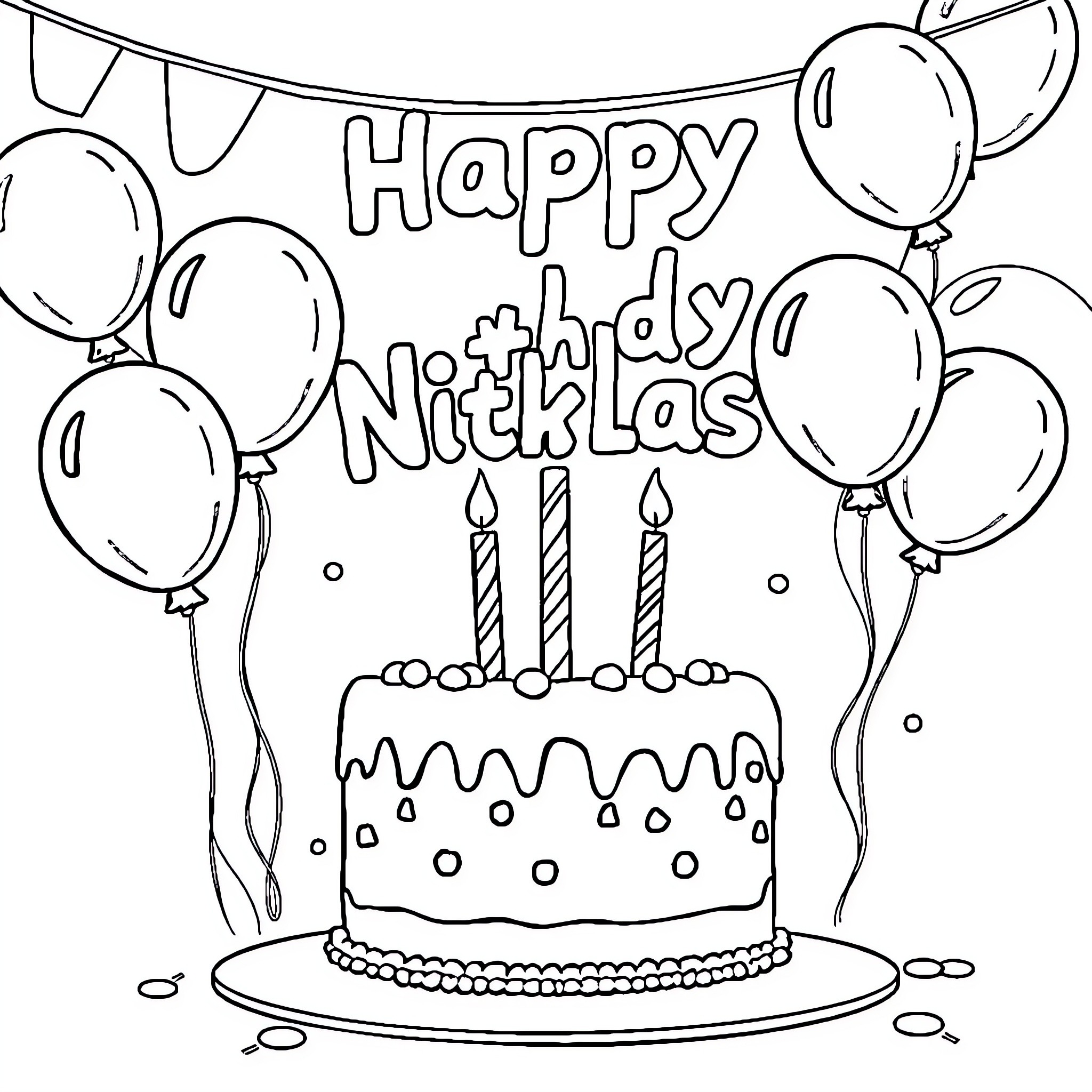 Birthday party with cake and balloons Coloring Page (free black-and-white line drawing printable PDF for all, from beginners to advanced learners, including children, teens, adults, and seniors)