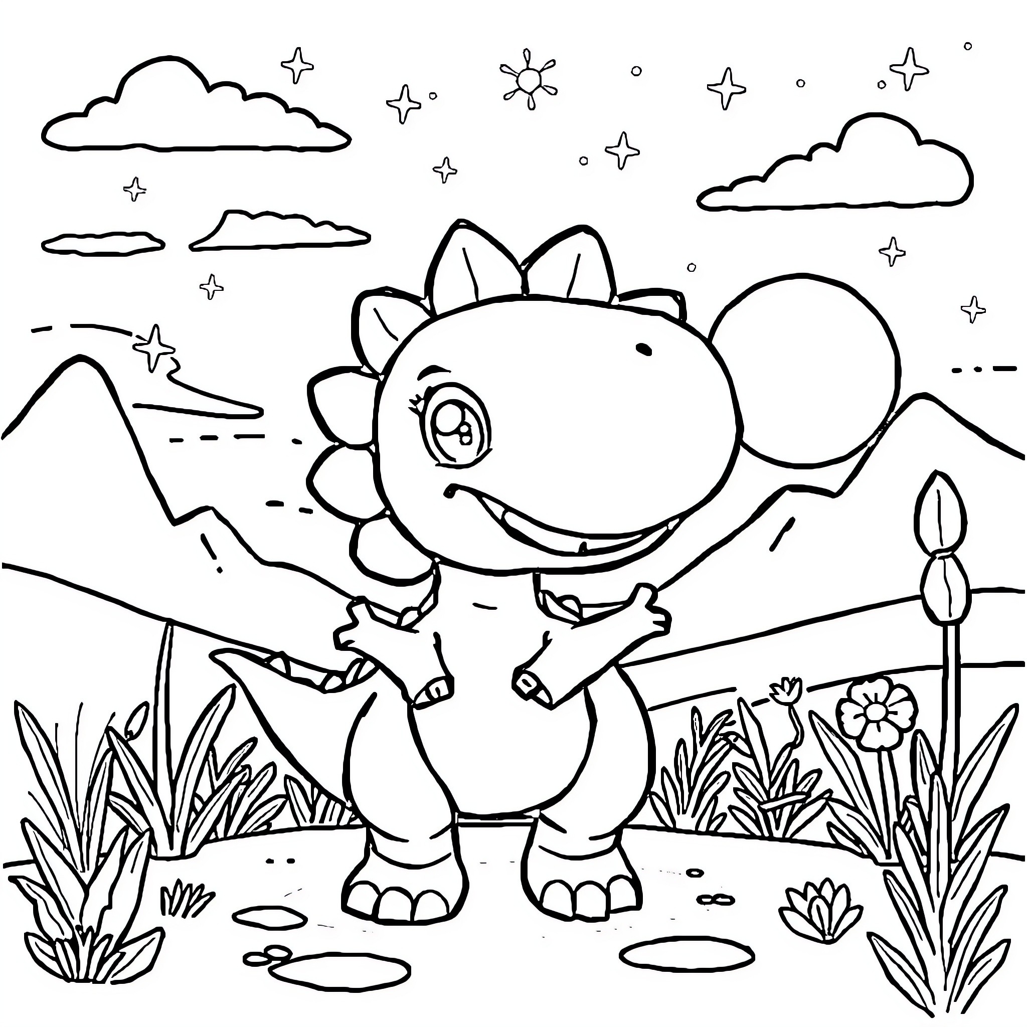 Dinosaur playing in a natural landscape Coloring Page (free black-and-white line drawing printable PDF for all, from beginners to advanced learners, including children, teens, adults, and seniors)