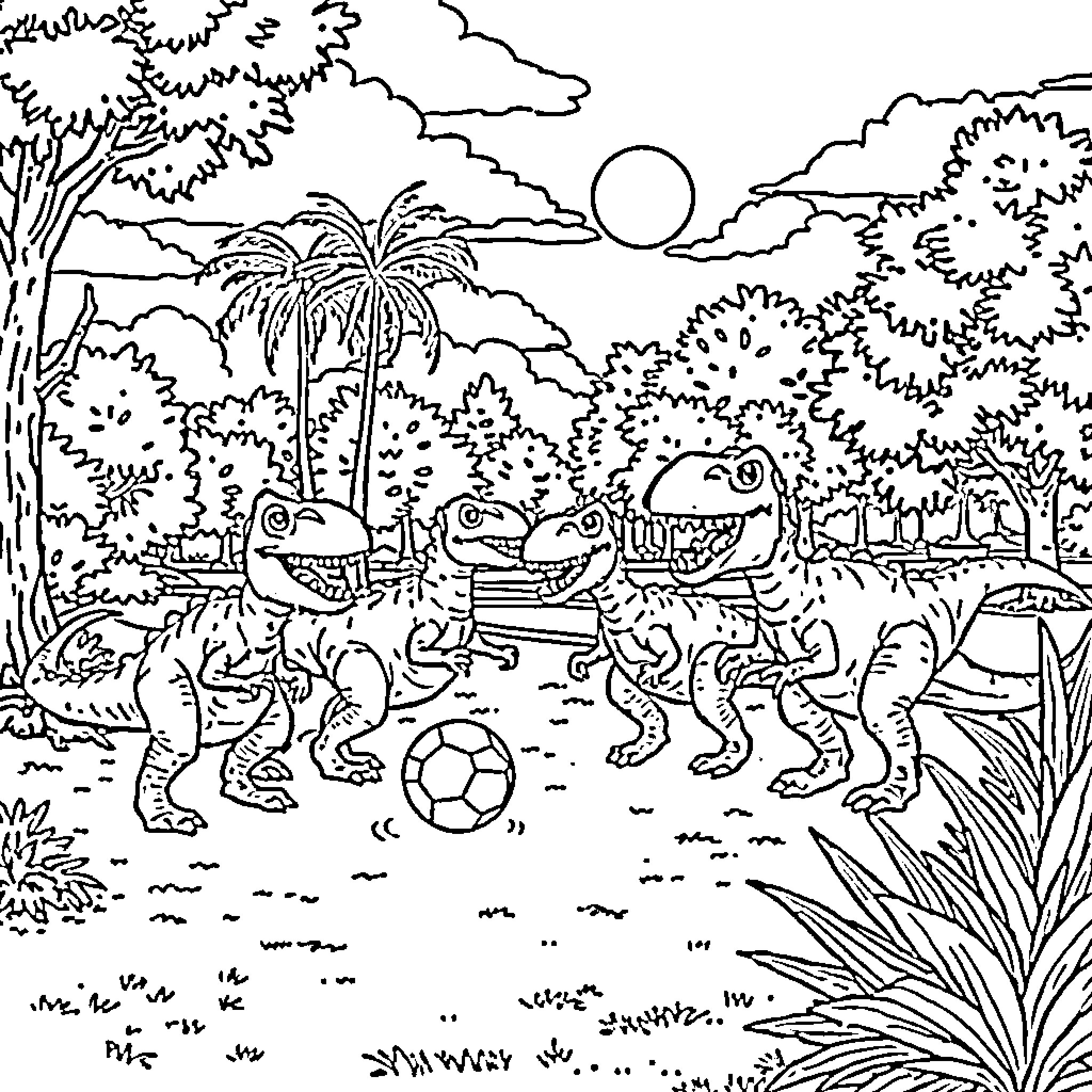 Dinosaurs playing soccer in a tropical landscape Coloring Page (free black-and-white line drawing printable PDF for all, from beginners to advanced learners, including children, teens, adults, and seniors)