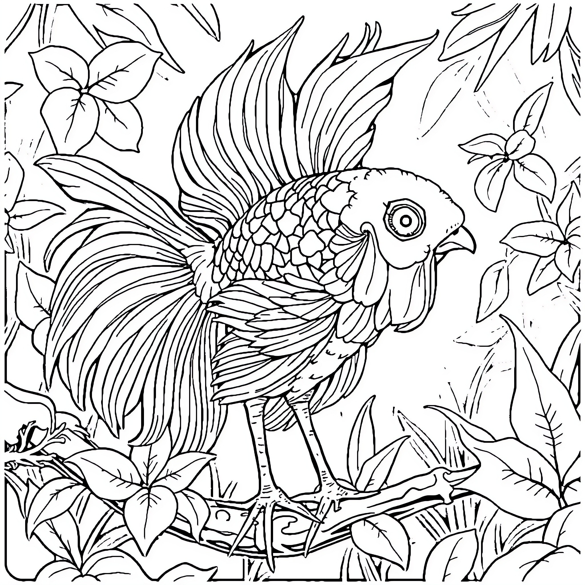 Ayam Bird Perched Amidst Tropical Foliage Coloring Page (free black-and-white line drawing printable PDF for all, from beginners to advanced learners, including children, teens, adults, and seniors)