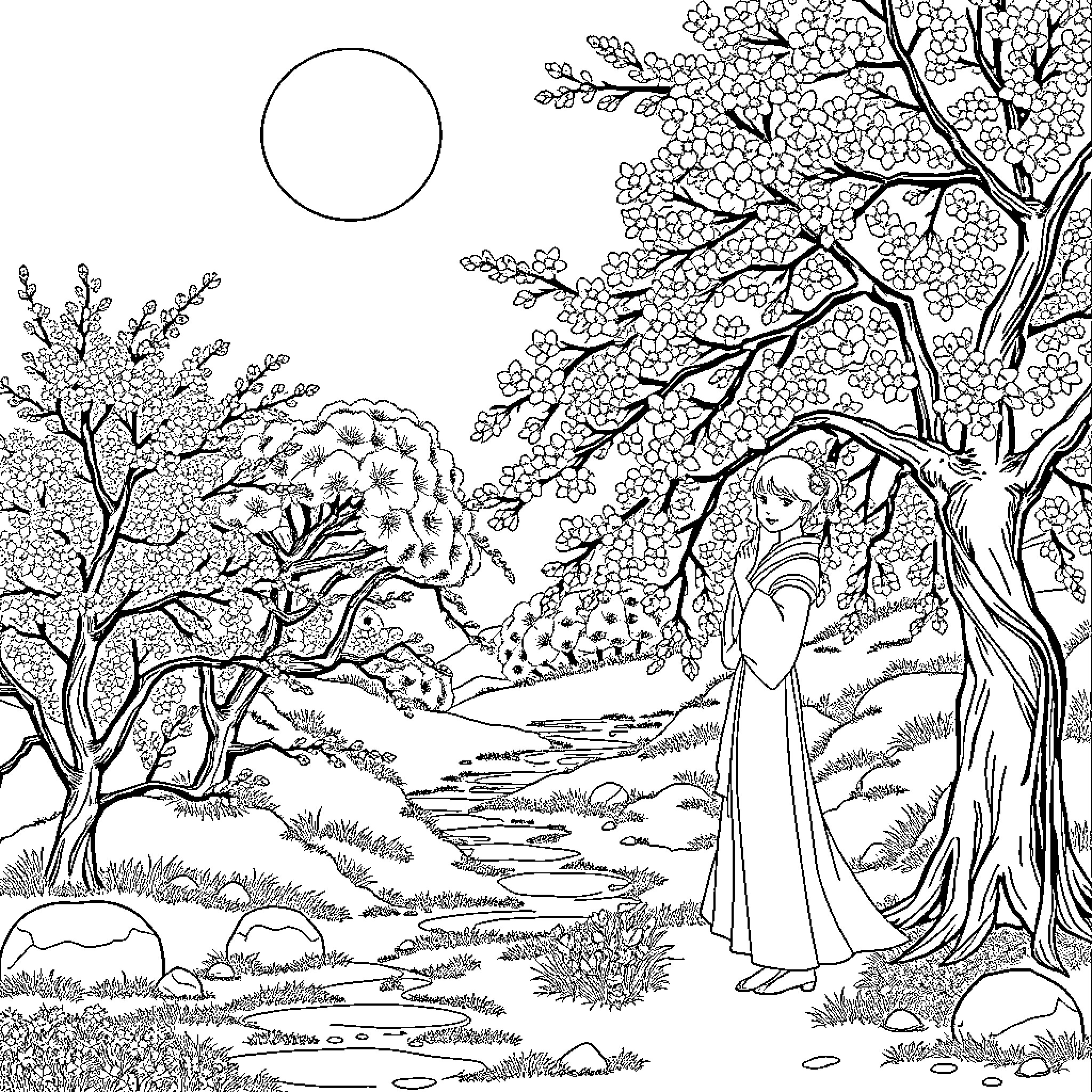 Sakura Blossoms and Serene Spring Landscape Coloring Page (free black-and-white line drawing printable PDF for all, from beginners to advanced learners, including children, teens, adults, and seniors)