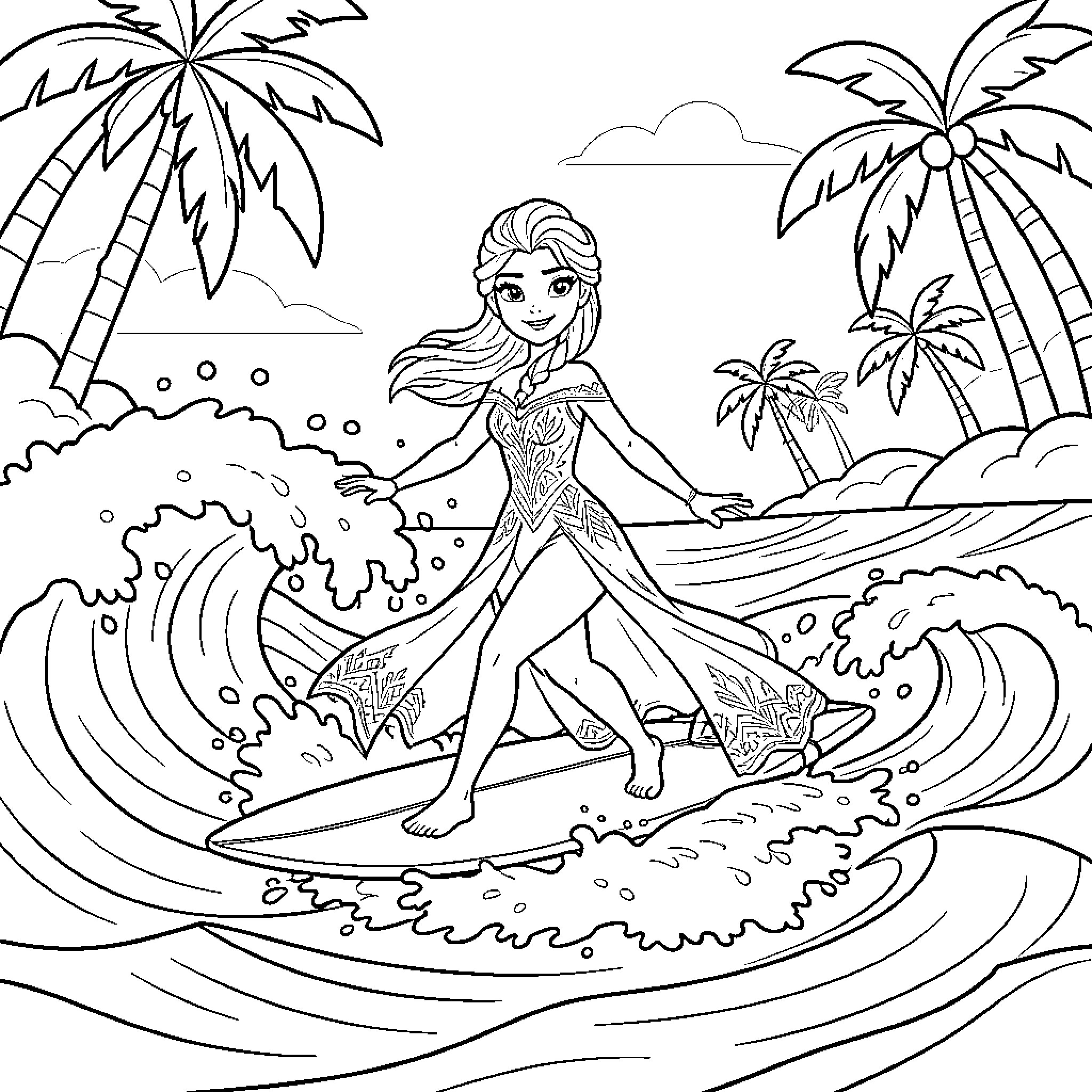 Elsa surfing gracefully on ocean waves Coloring Page (free black-and-white line drawing printable PDF for all, from beginners to advanced learners, including children, teens, adults, and seniors)