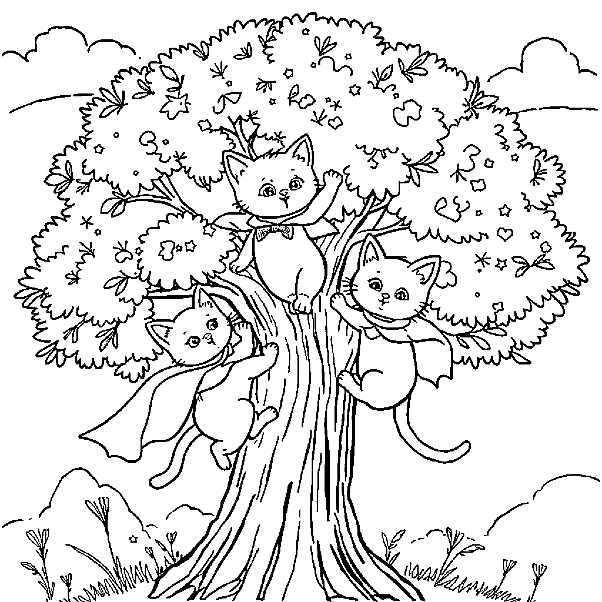 Kitty cats playing in a tree Coloring Page (free black-and-white line drawing printable PDF for all, from beginners to advanced learners, including children, teens, adults, and seniors)