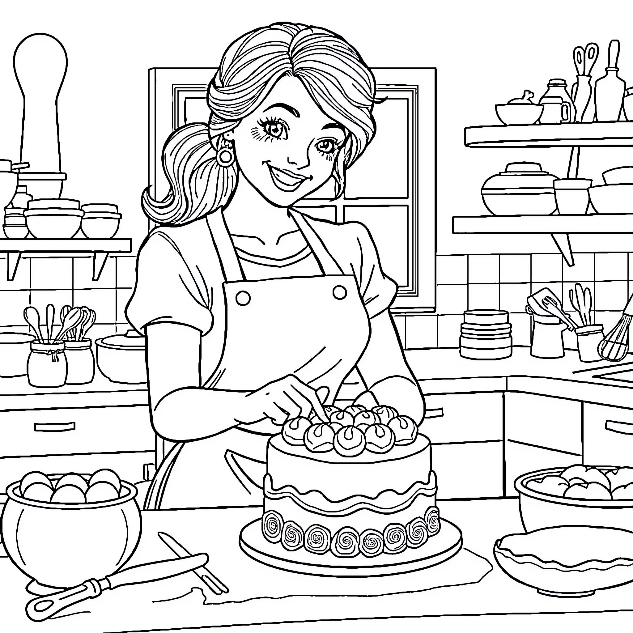 Lady Preparing a Delicious Cake in the Kitchen Coloring Page (free black-and-white line drawing printable PDF for all, from beginners to advanced learners, including children, teens, adults, and seniors)