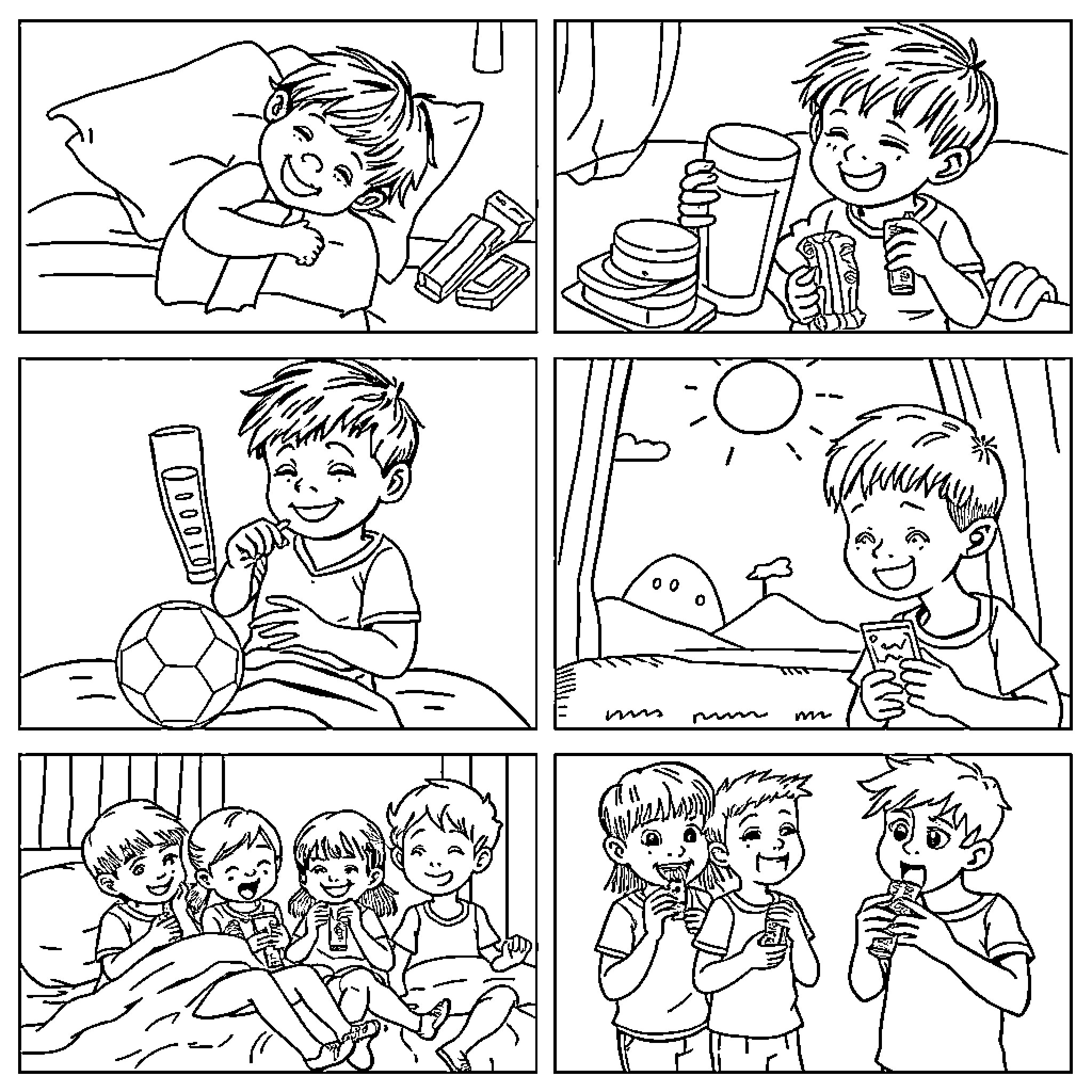 Child enjoying various activities and time with friends Coloring Page (free black-and-white line drawing printable PDF for all, from beginners to advanced learners, including children, teens, adults, and seniors)