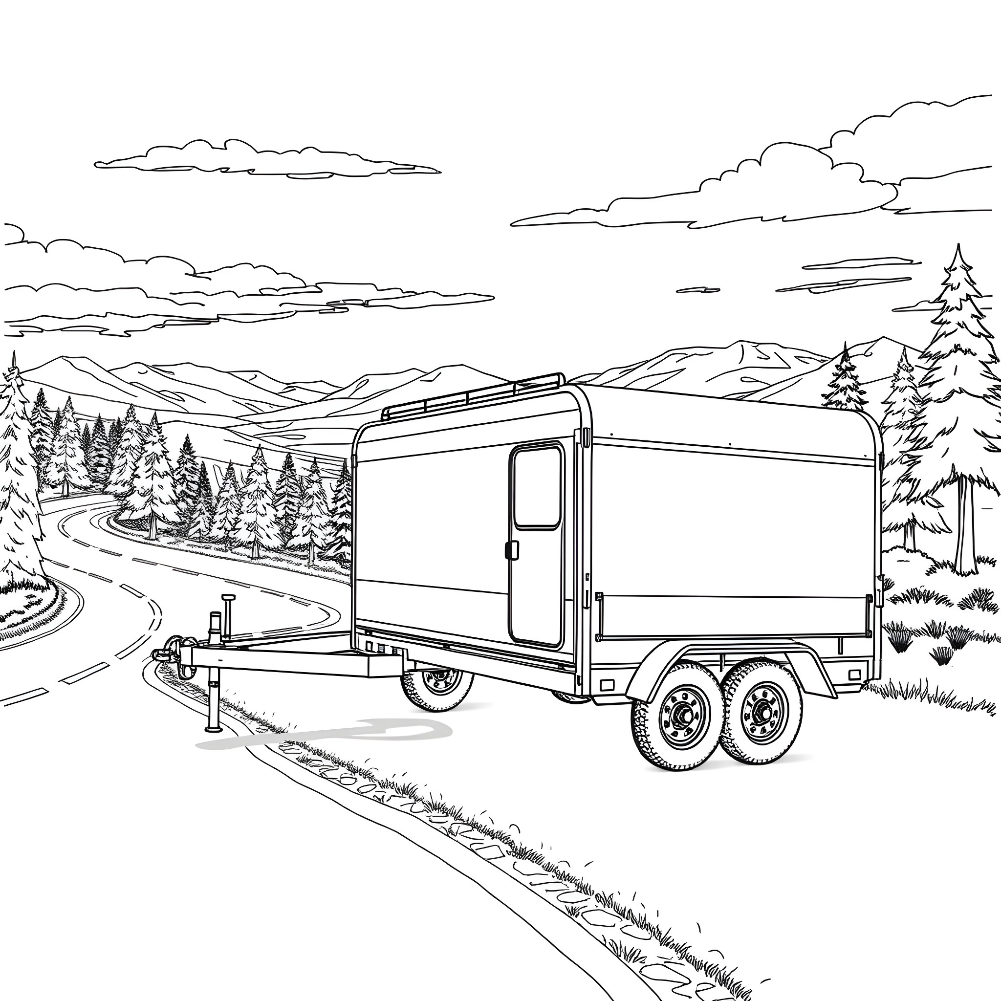 Car Trailer on the Mountain Road Coloring Page (free black-and-white line drawing printable PDF for all, from beginners to advanced learners, including children, teens, adults, and seniors)