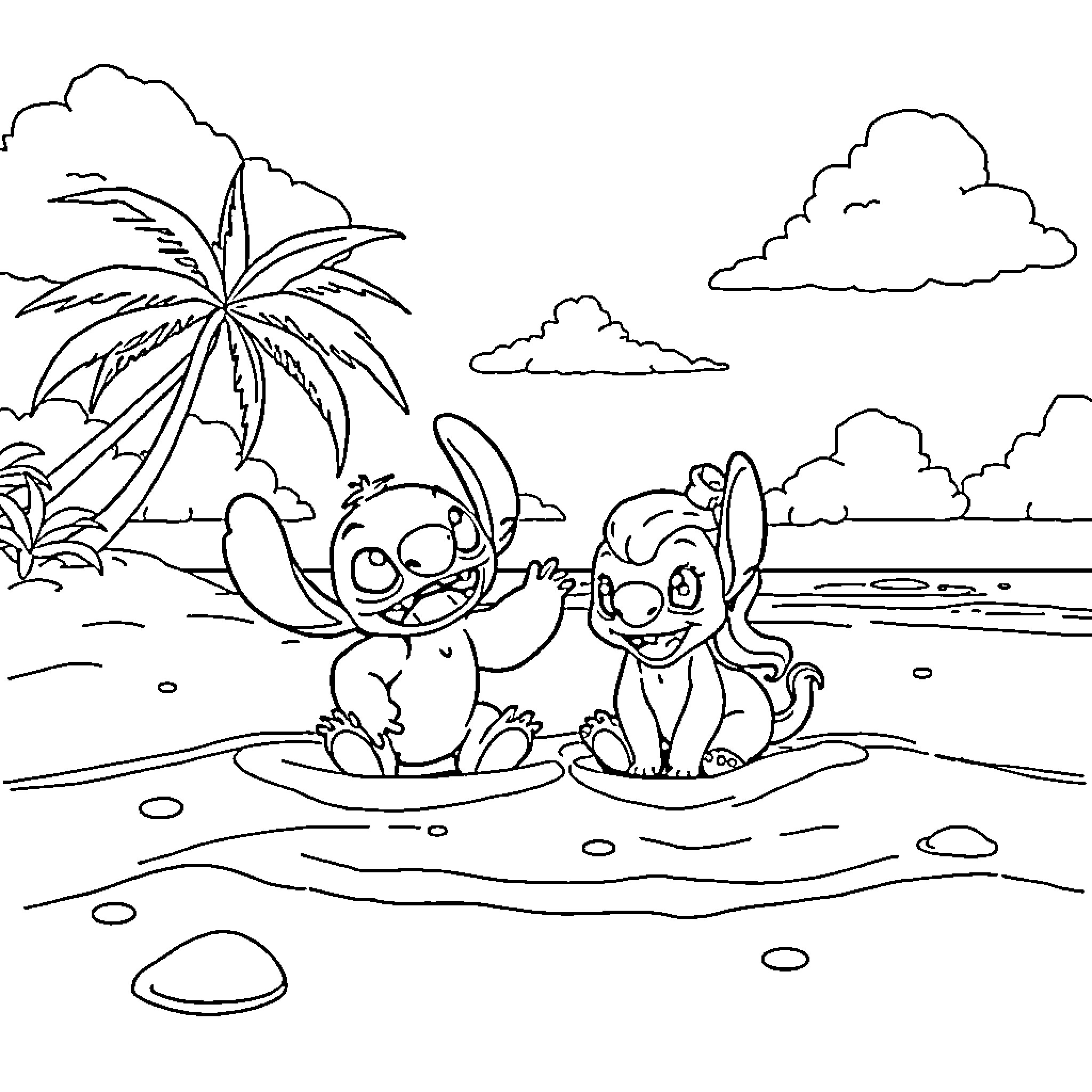 Stitch and Lilo playing joyfully in the ocean Coloring Page (free black-and-white line drawing printable PDF for all, from beginners to advanced learners, including children, teens, adults, and seniors)