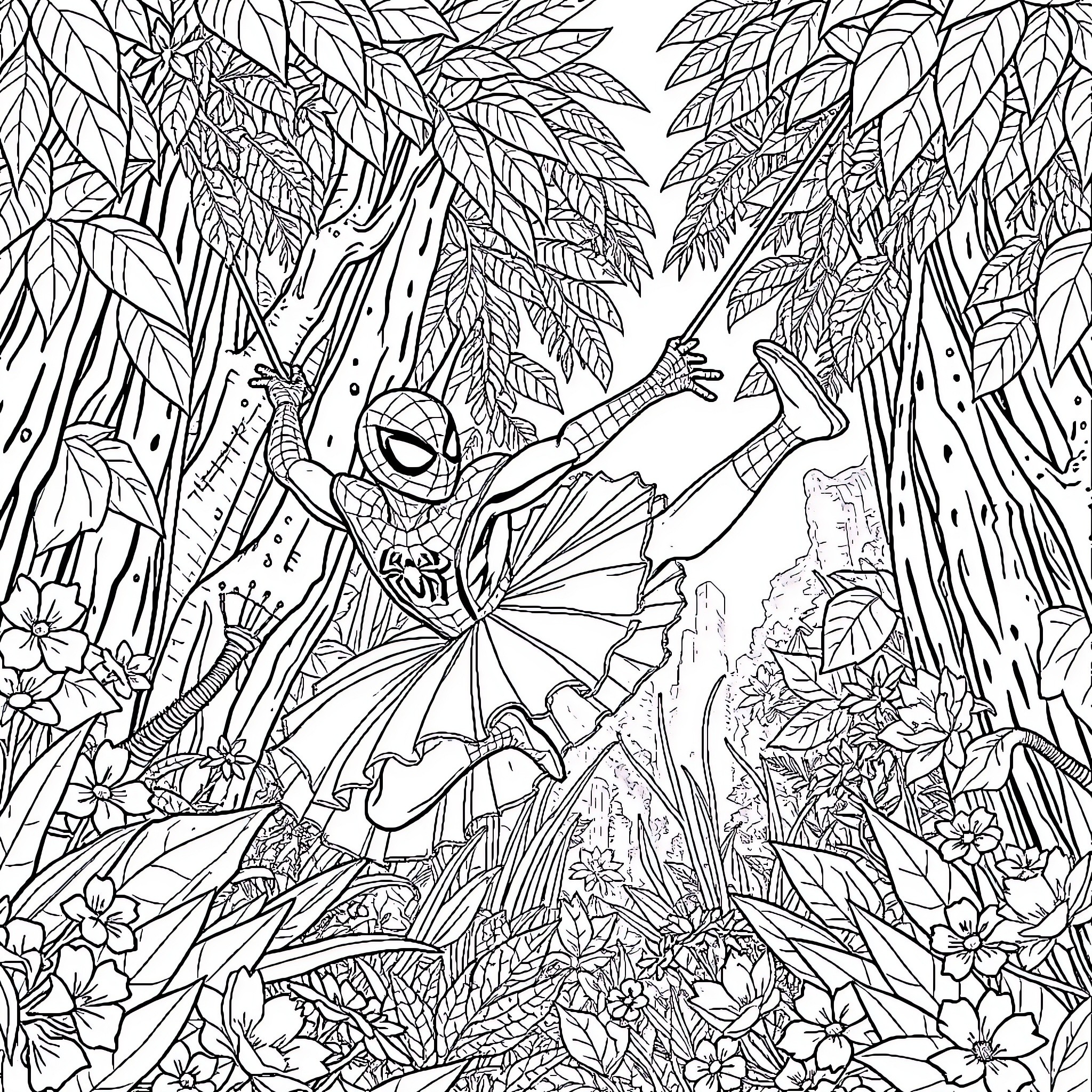 Spider-Man dancing in lush jungle setting Coloring Page (free black-and-white line drawing printable PDF for all, from beginners to advanced learners, including children, teens, adults, and seniors)