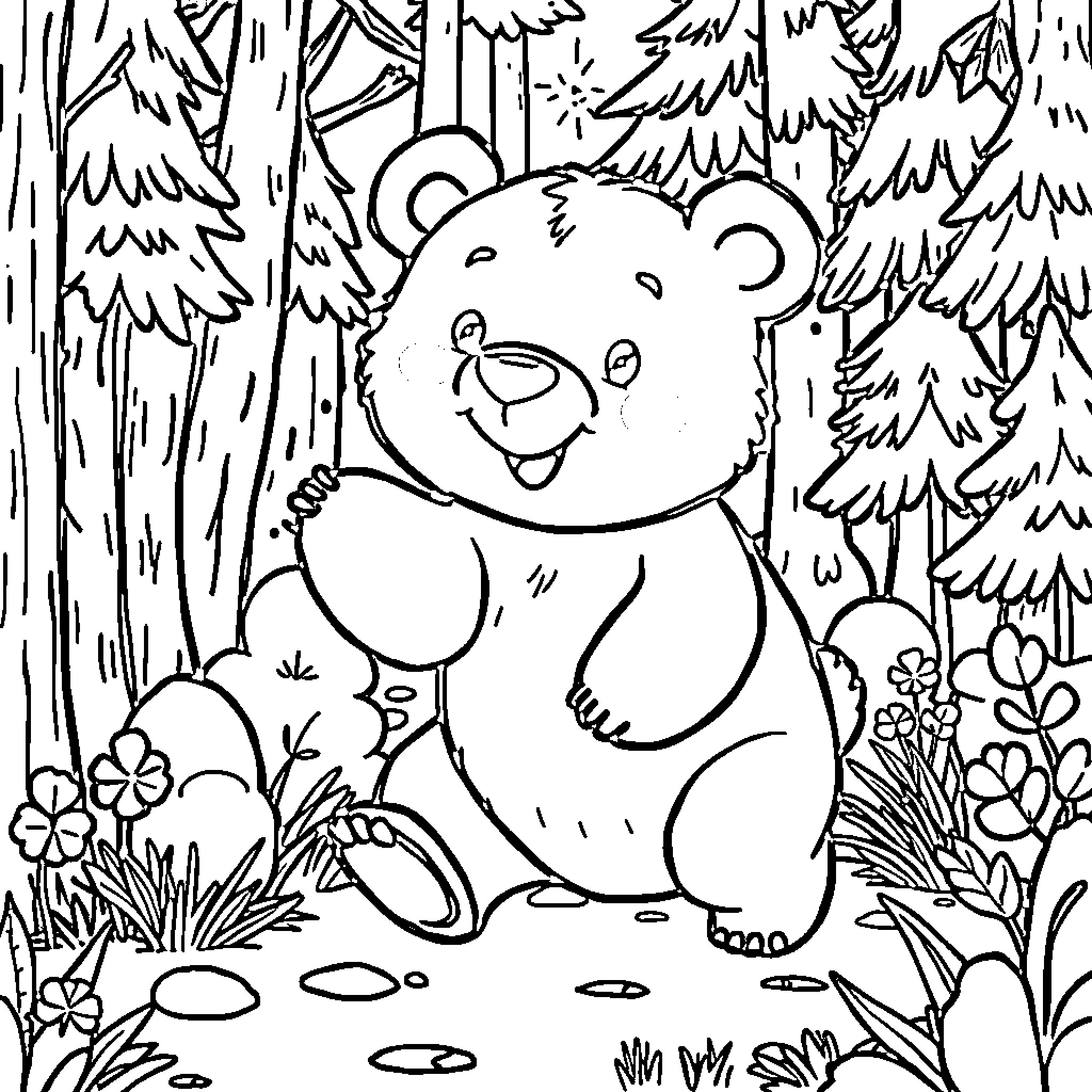 Brown Bear exploring nature's wonders Coloring Page (free black-and-white line drawing printable PDF for all, from beginners to advanced learners, including children, teens, adults, and seniors)