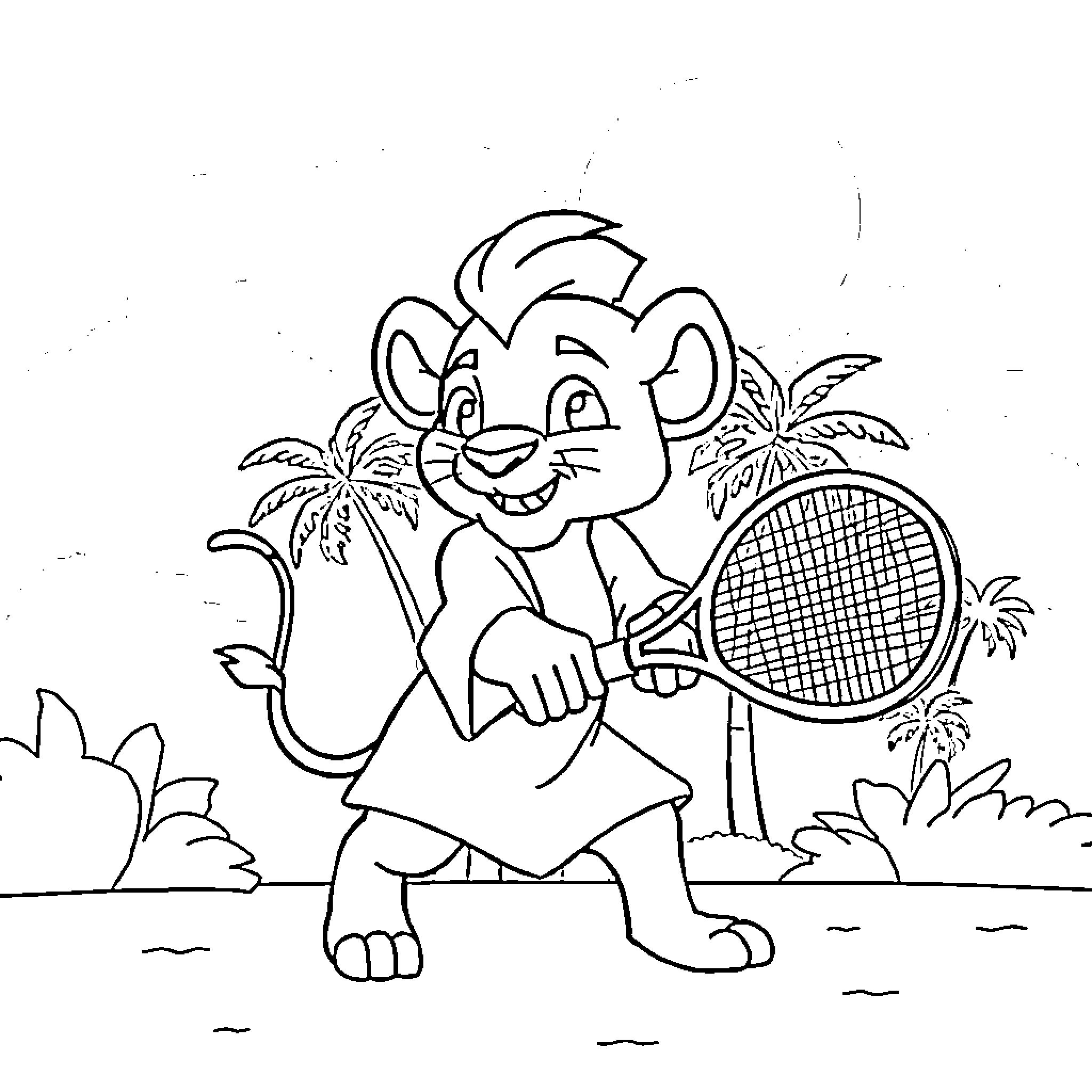 Simba playing with a tennis racket in the jungle Coloring Page (free black-and-white line drawing printable PDF for all, from beginners to advanced learners, including children, teens, adults, and seniors)