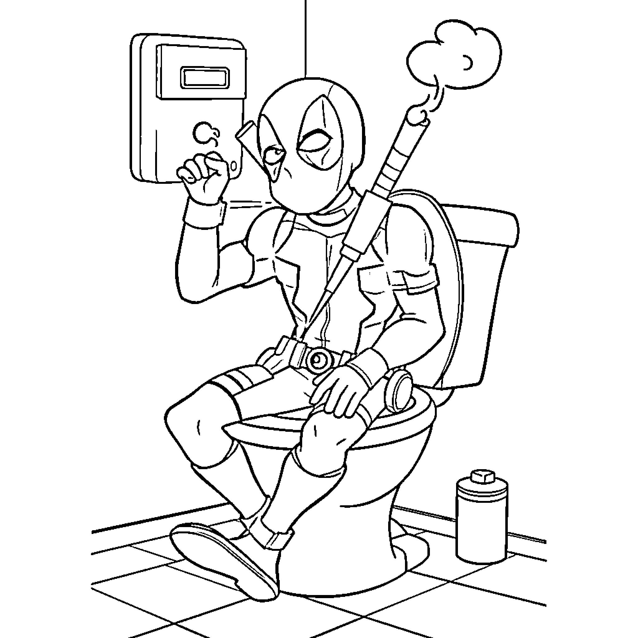 Deadpool relaxing and reading while on the toilet Coloring Page (free black-and-white line drawing printable PDF for all, from beginners to advanced learners, including children, teens, adults, and seniors)