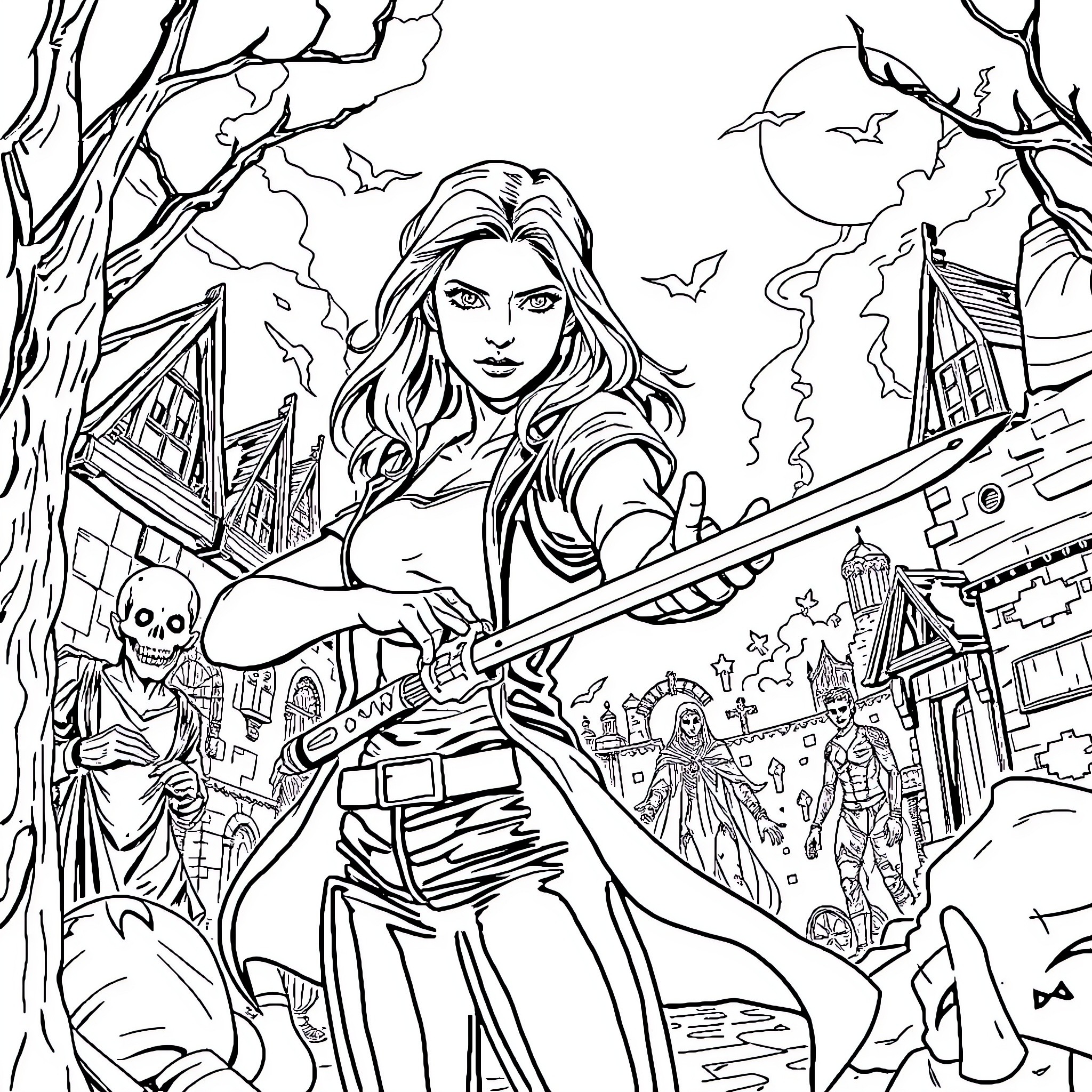 Buffy the Vampire Slayer in Action Coloring Page (free black-and-white line drawing printable PDF for all, from beginners to advanced learners, including children, teens, adults, and seniors)